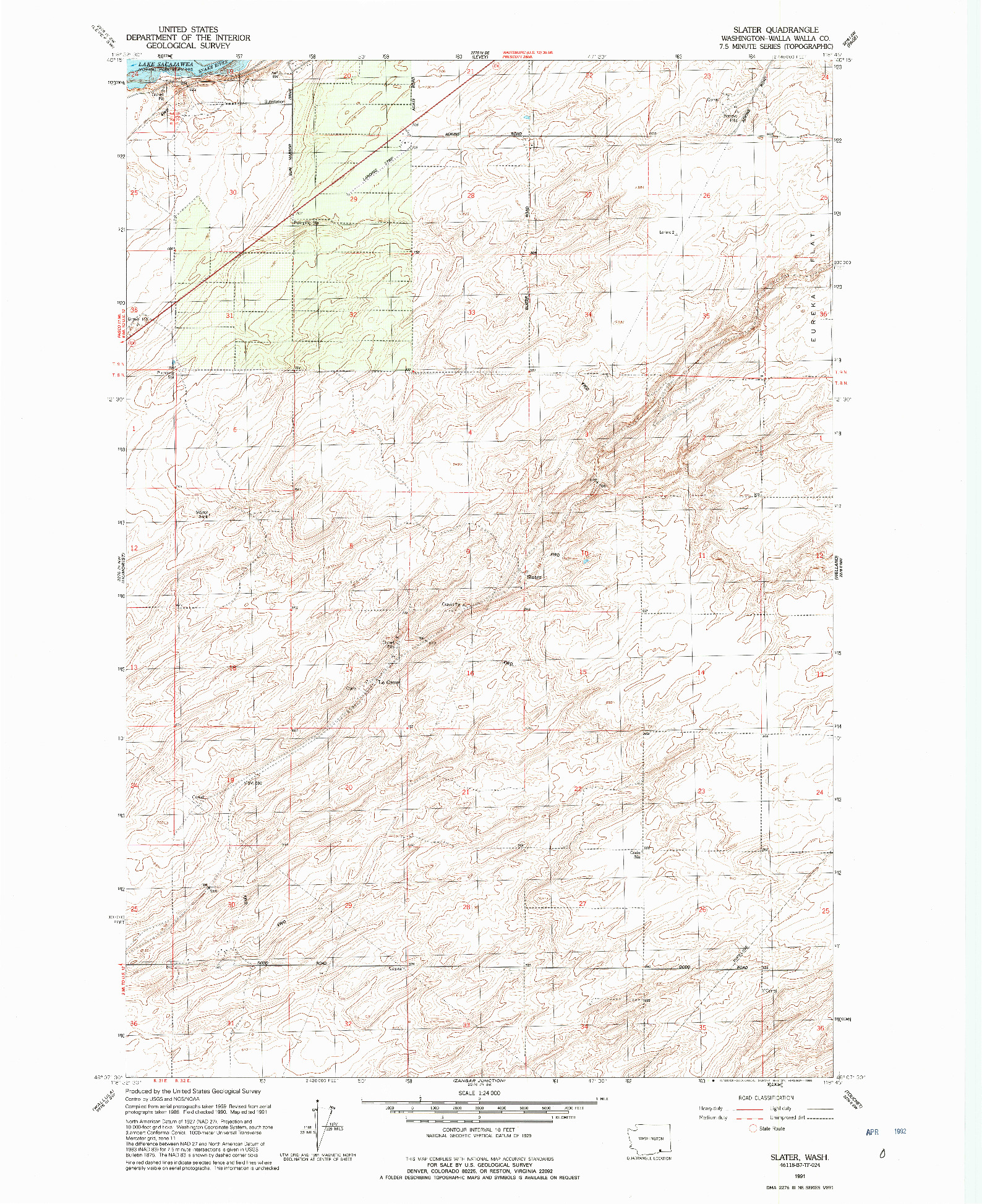USGS 1:24000-SCALE QUADRANGLE FOR SLATER, WA 1991
