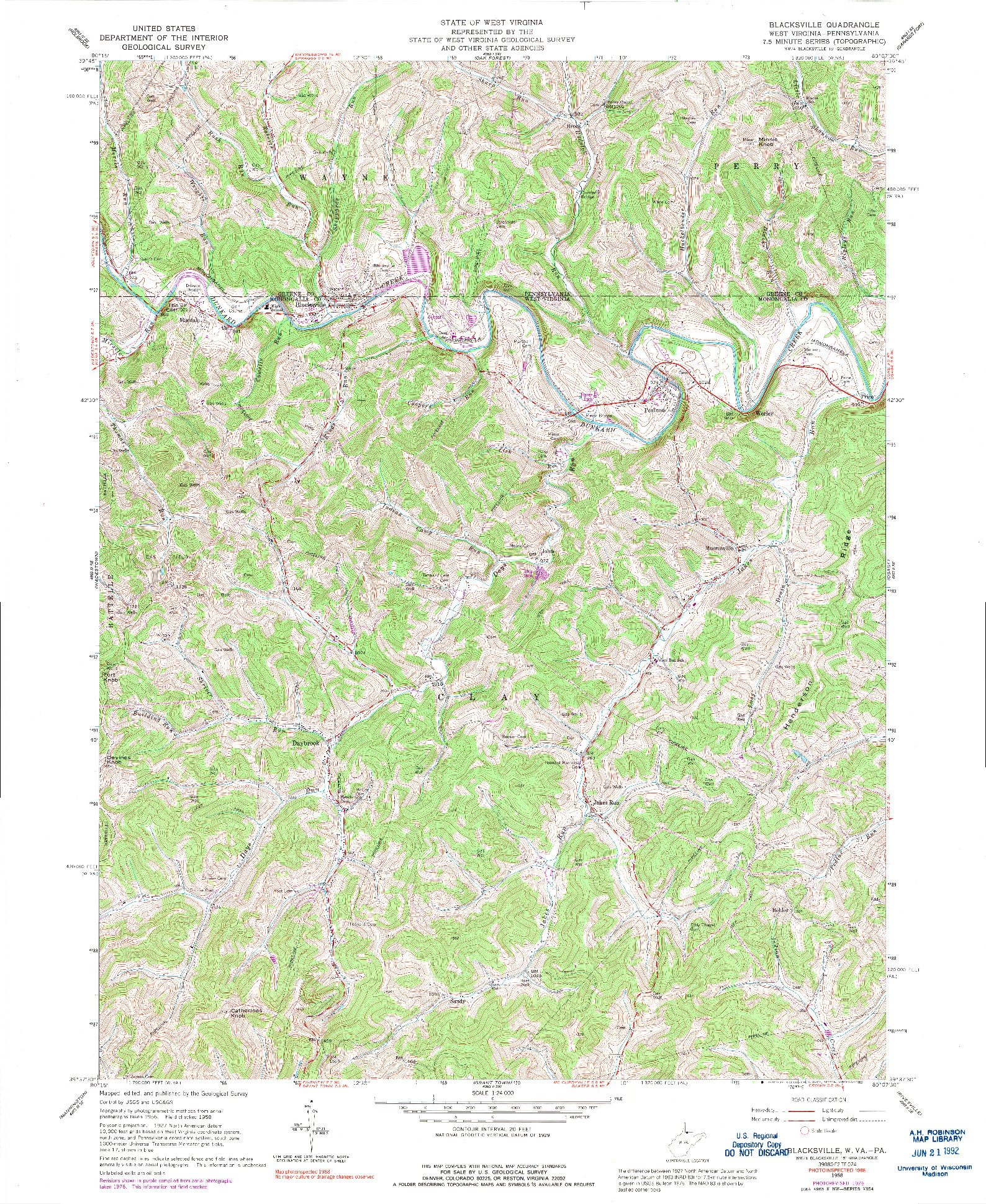 USGS 1:24000-SCALE QUADRANGLE FOR BLACKSVILLE, WV 1958