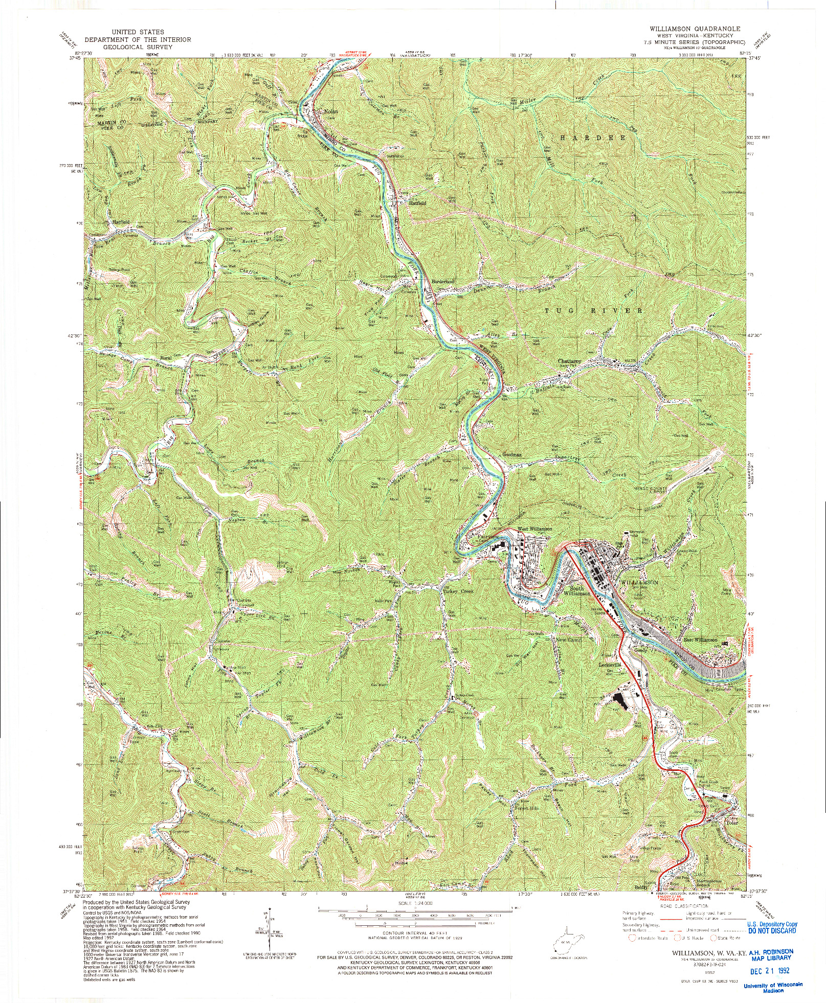 USGS 1:24000-SCALE QUADRANGLE FOR WILLIAMSON, WV 1992
