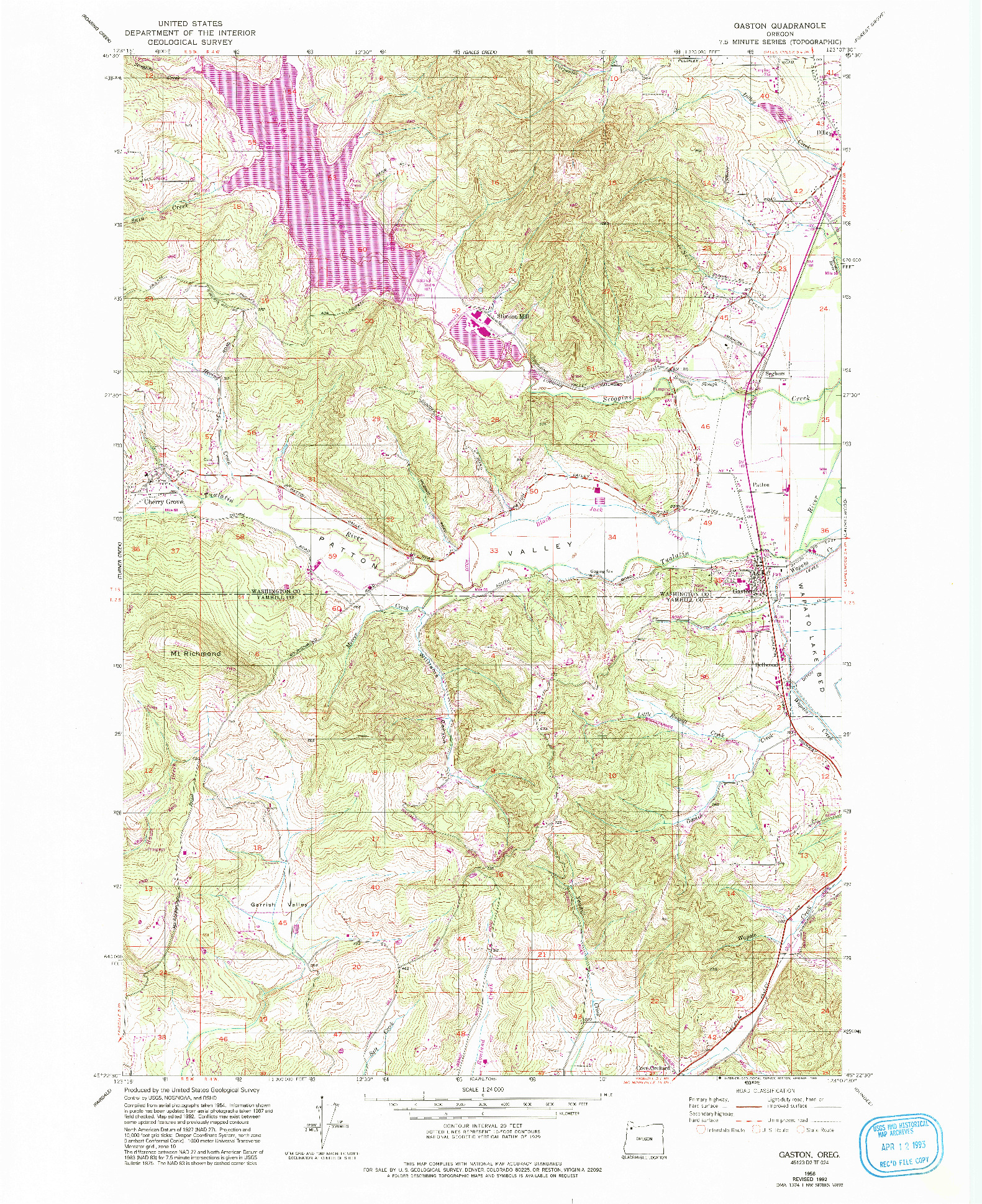 USGS 1:24000-SCALE QUADRANGLE FOR GASTON, OR 1956