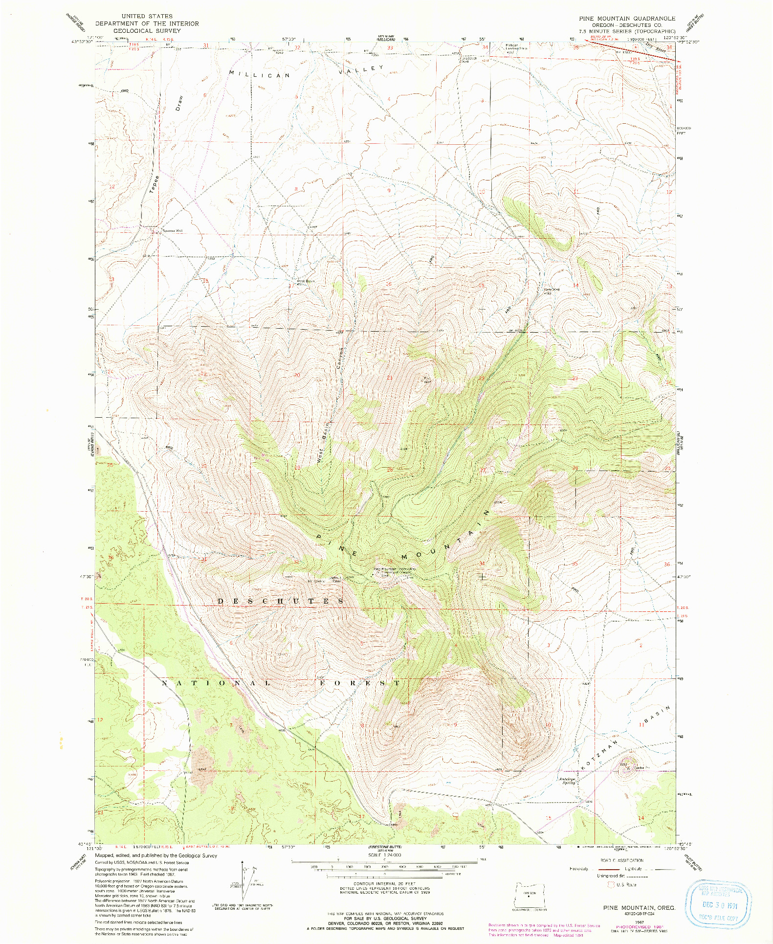 USGS 1:24000-SCALE QUADRANGLE FOR PINE MOUNTAIN, OR 1967