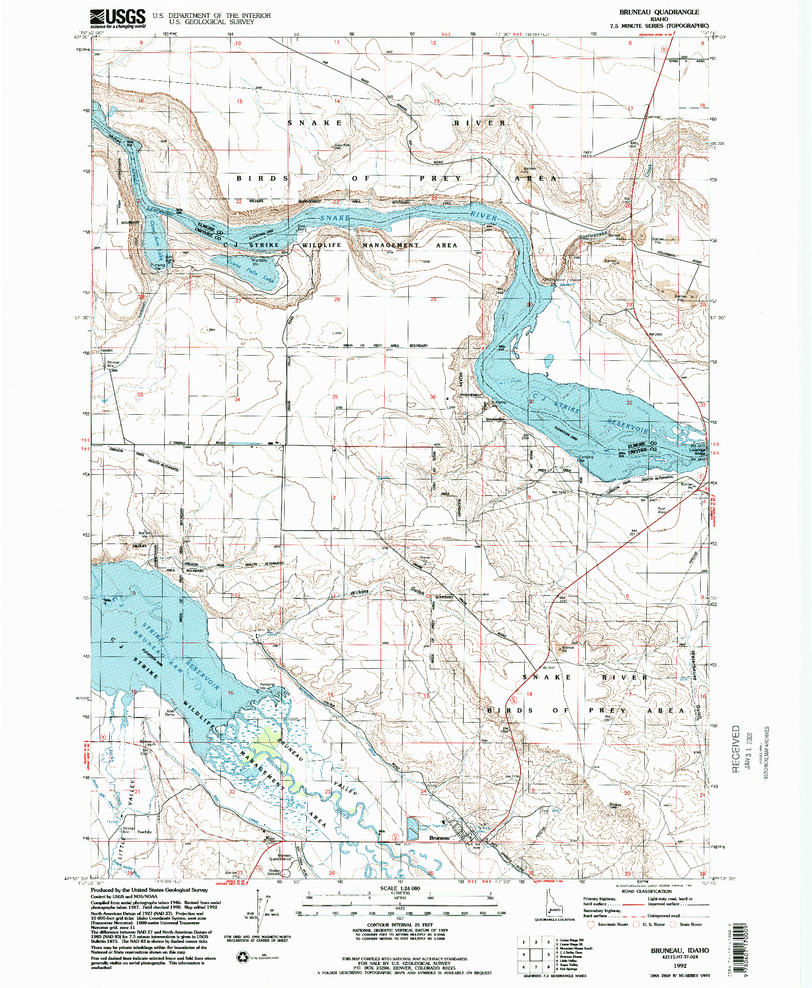 USGS 1:24000-SCALE QUADRANGLE FOR BRUNEAU, ID 1992