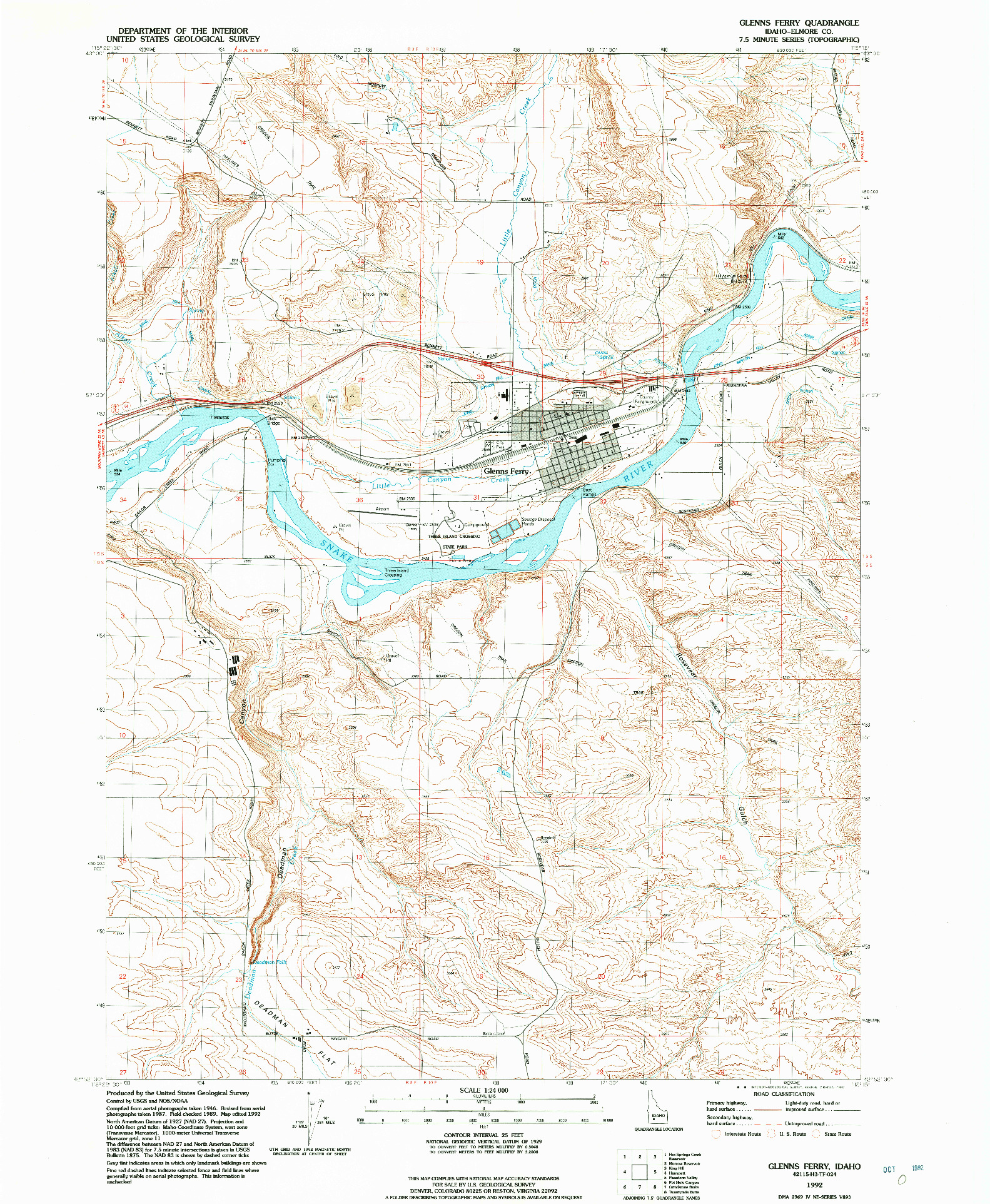 USGS 1:24000-SCALE QUADRANGLE FOR GLENNS FERRY, ID 1992