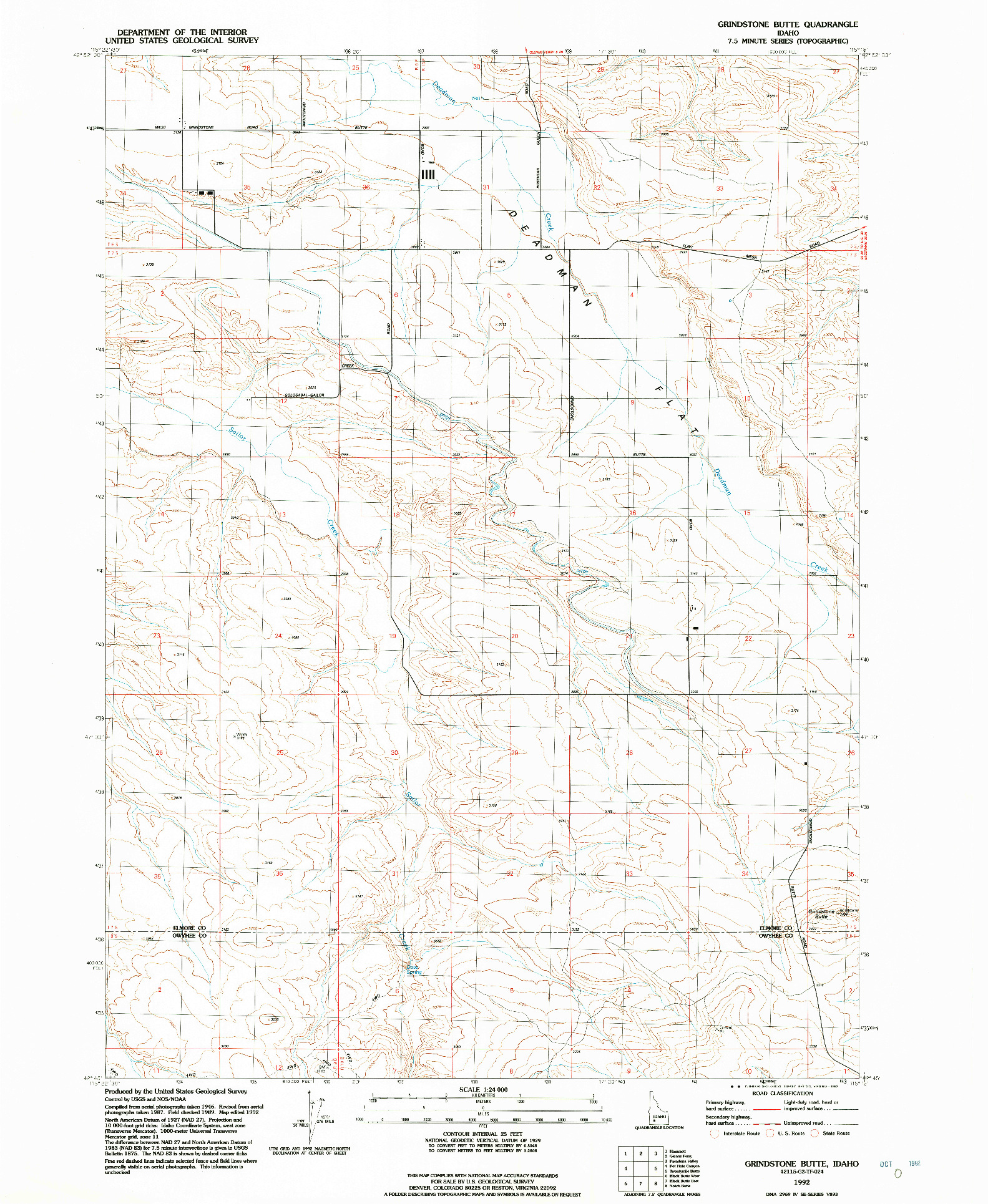 USGS 1:24000-SCALE QUADRANGLE FOR GRINDSTONE BUTTE, ID 1992
