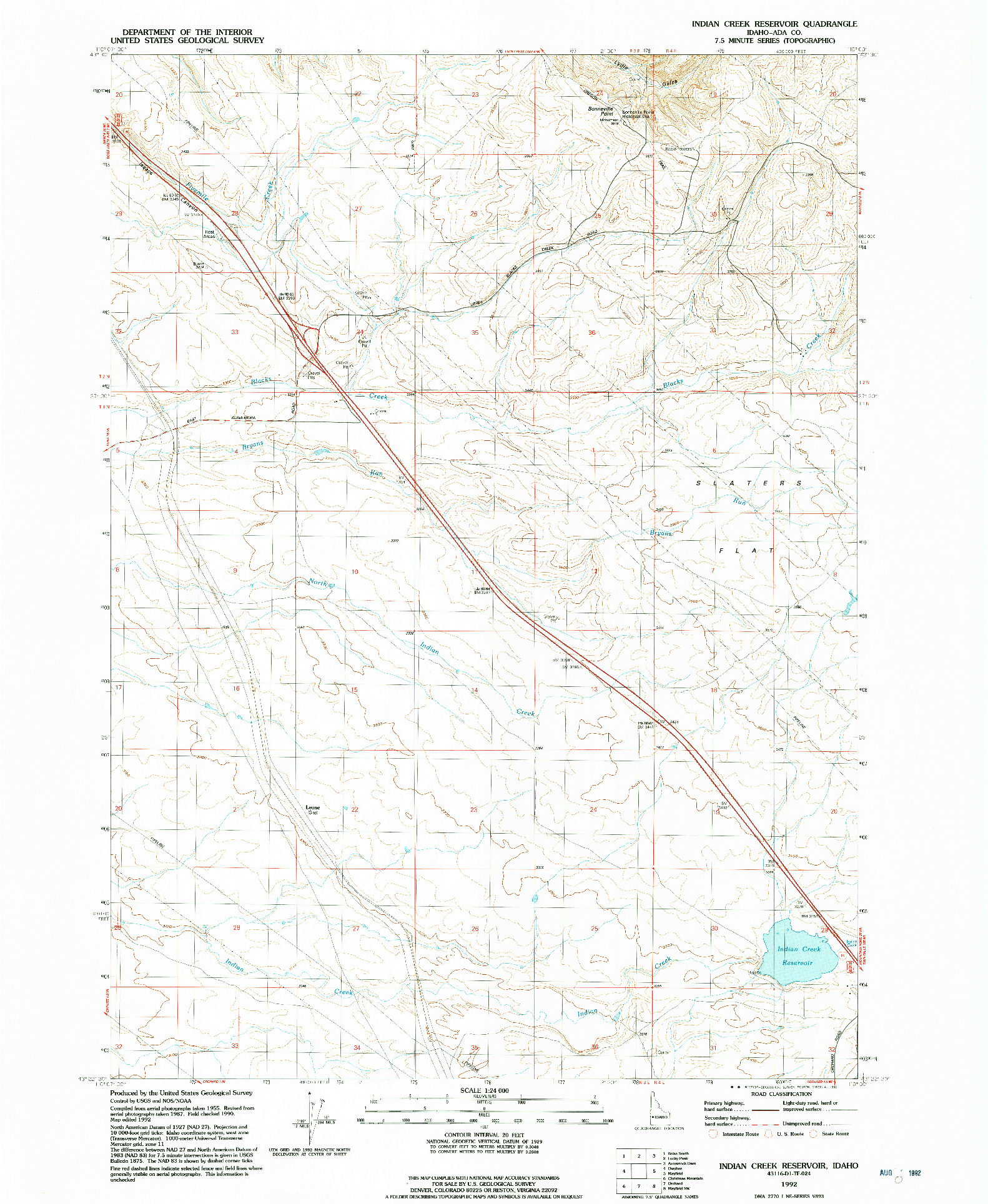 USGS 1:24000-SCALE QUADRANGLE FOR INDIAN CREEK RESERVOIR, ID 1992