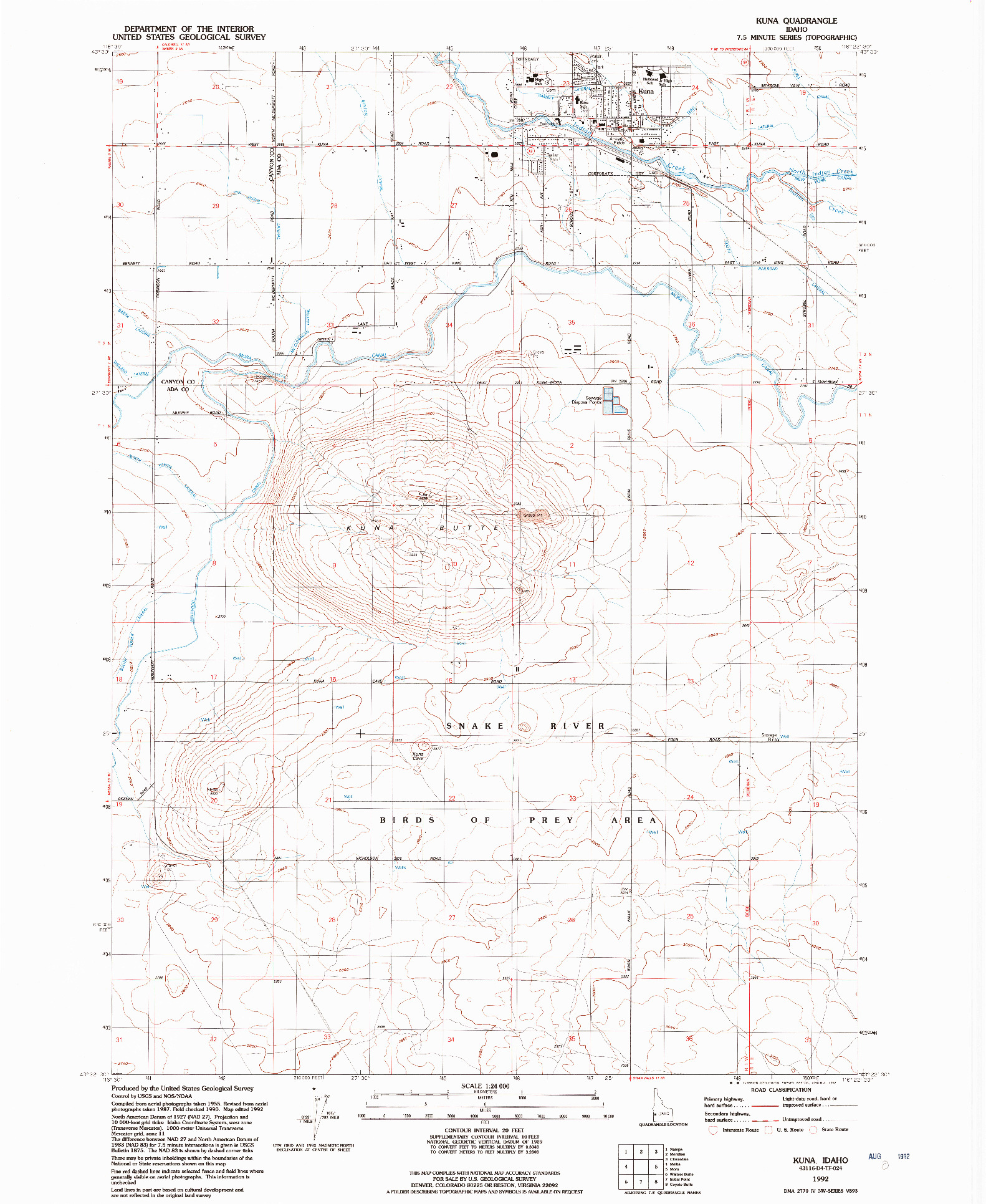USGS 1:24000-SCALE QUADRANGLE FOR KUNA, ID 1992