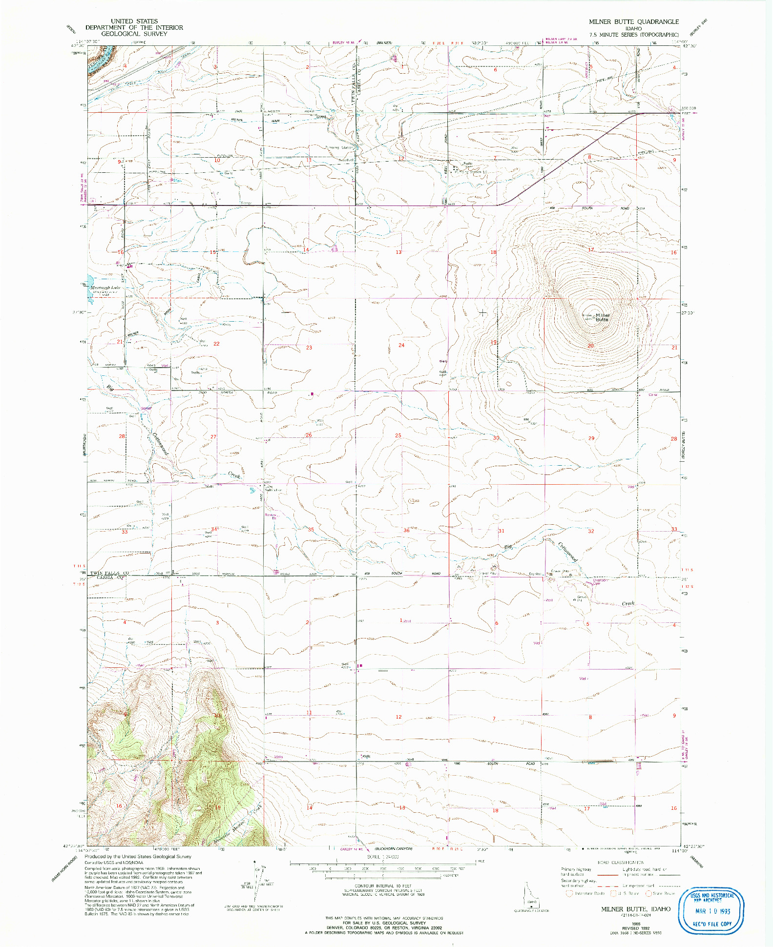 USGS 1:24000-SCALE QUADRANGLE FOR MILNER BUTTE, ID 1965