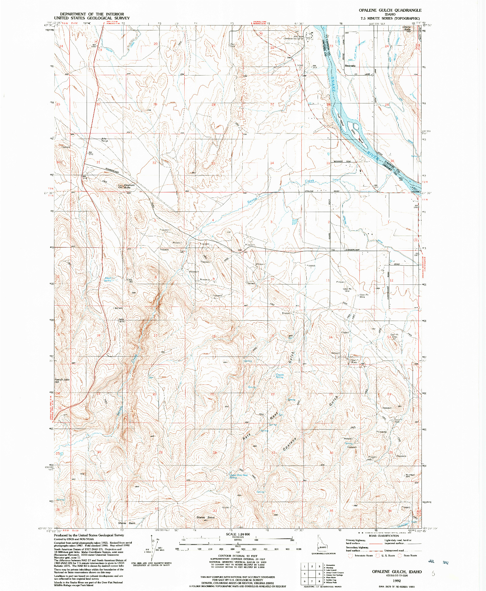 USGS 1:24000-SCALE QUADRANGLE FOR OPALENE GULCH, ID 1992
