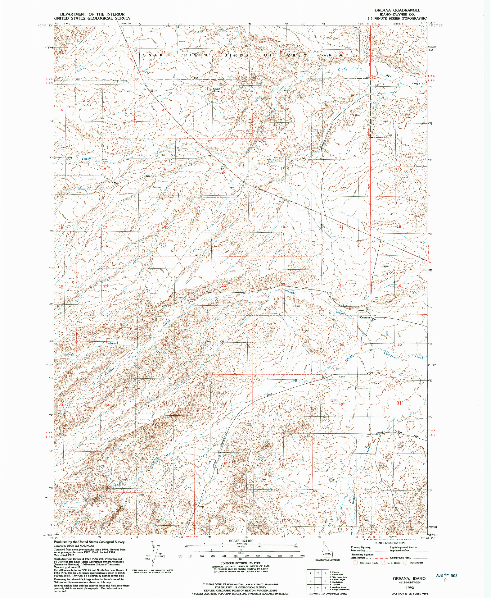USGS 1:24000-SCALE QUADRANGLE FOR OREANA, ID 1992