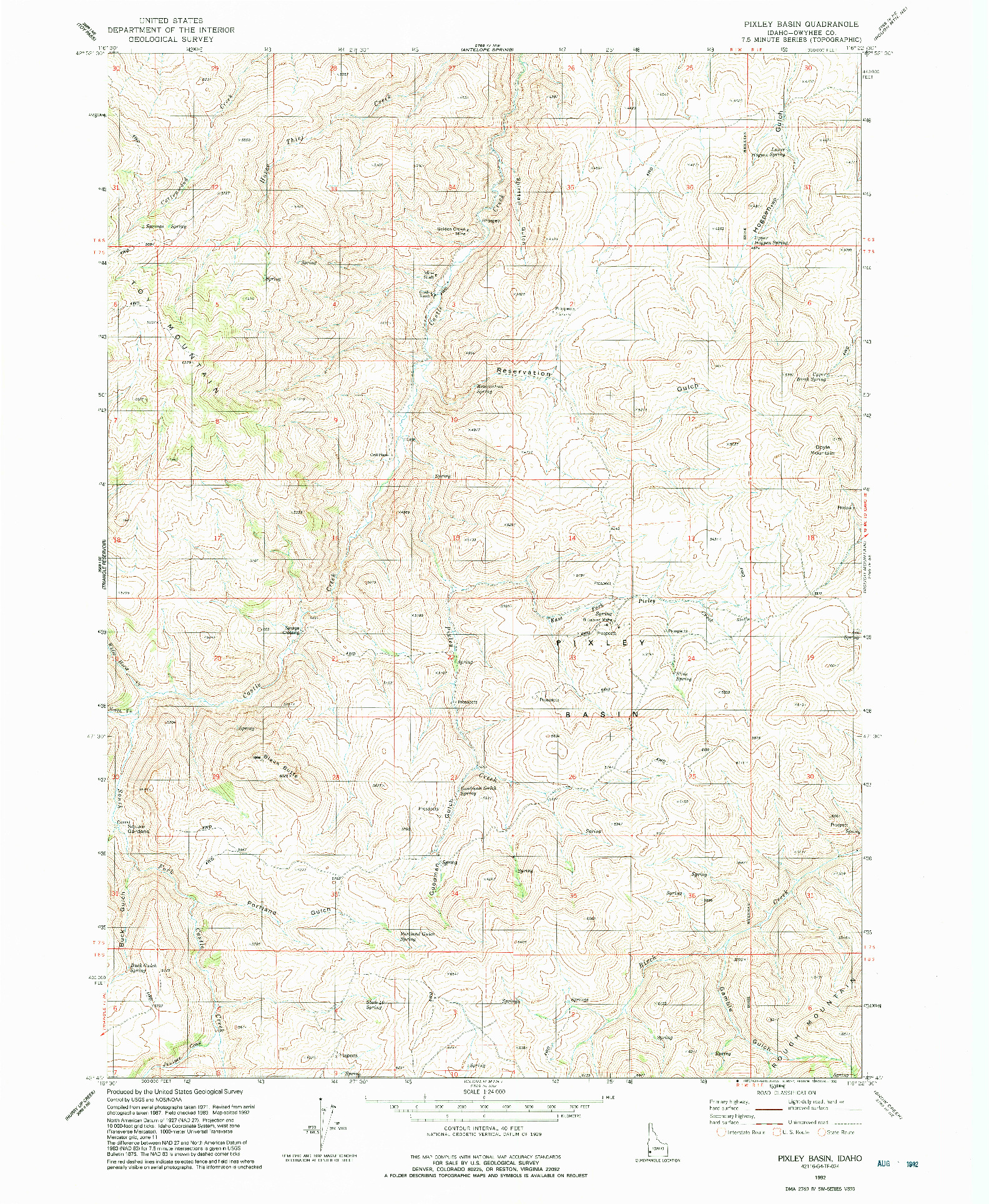 USGS 1:24000-SCALE QUADRANGLE FOR PIXLEY BASIN, ID 1992