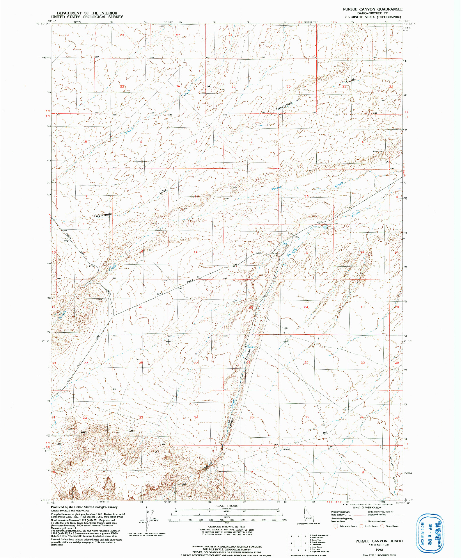USGS 1:24000-SCALE QUADRANGLE FOR PURJUE CANYON, ID 1992