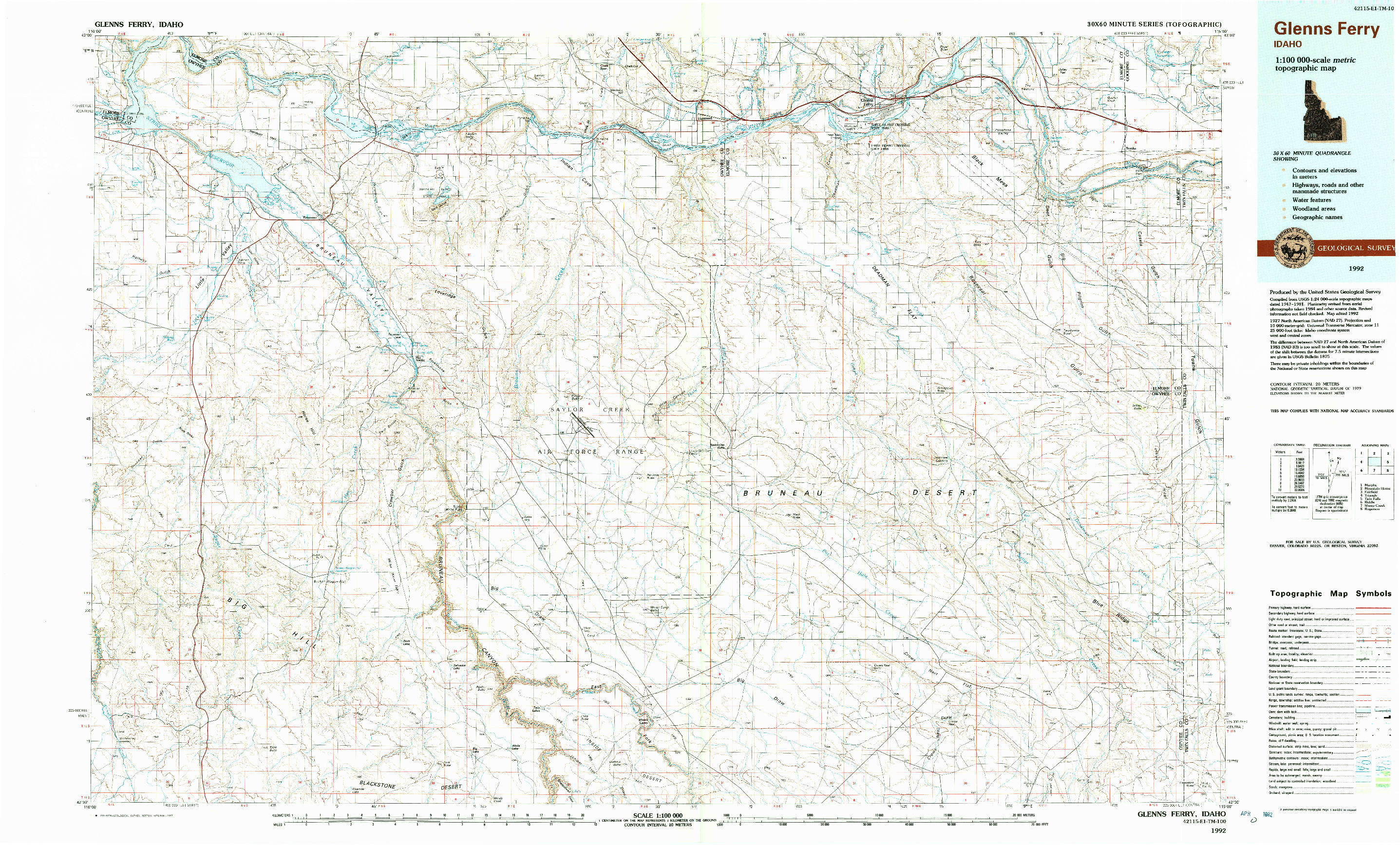 USGS 1:100000-SCALE QUADRANGLE FOR GLENNS FERRY, ID 1992
