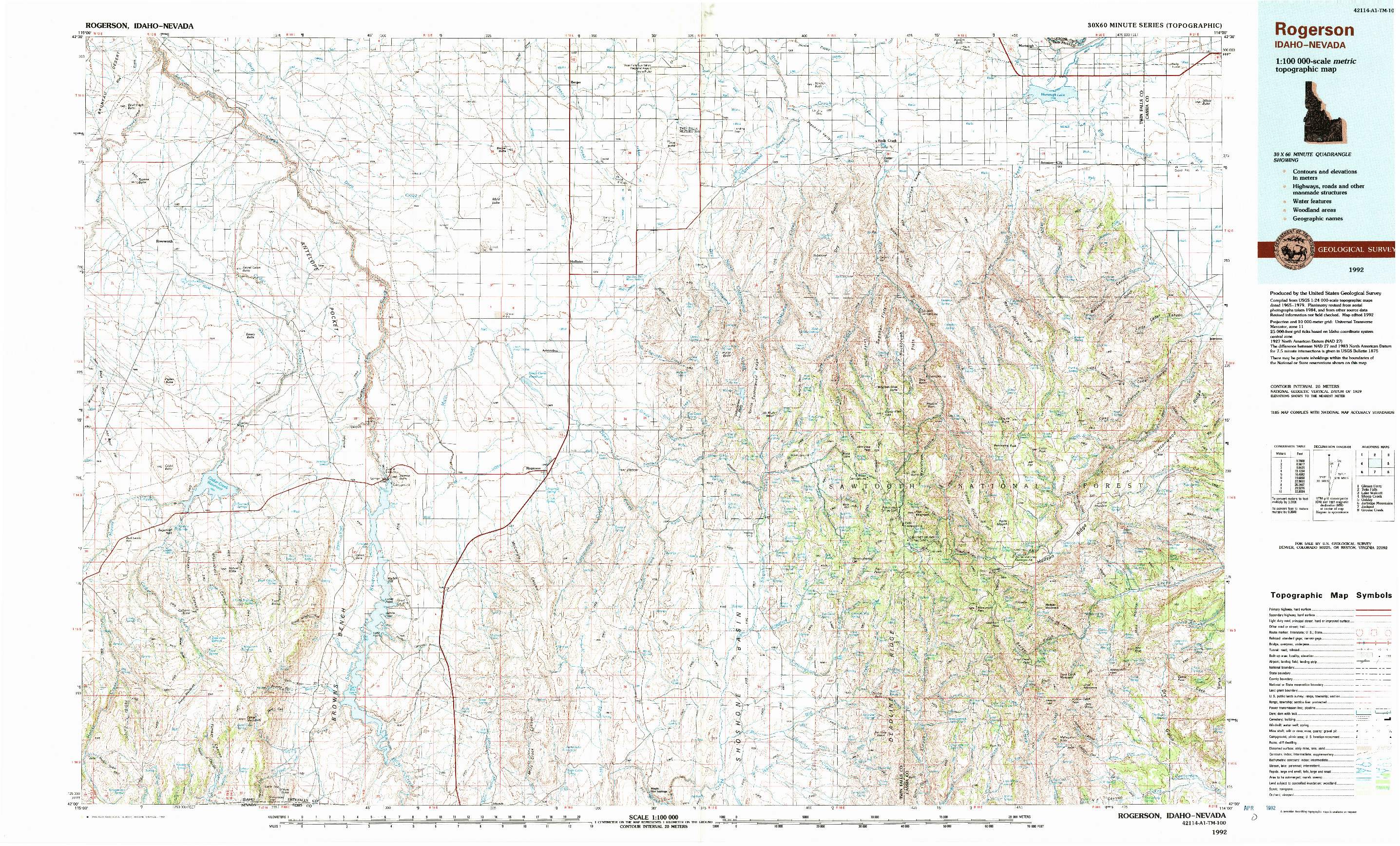 USGS 1:100000-SCALE QUADRANGLE FOR ROGERSON, ID 1992