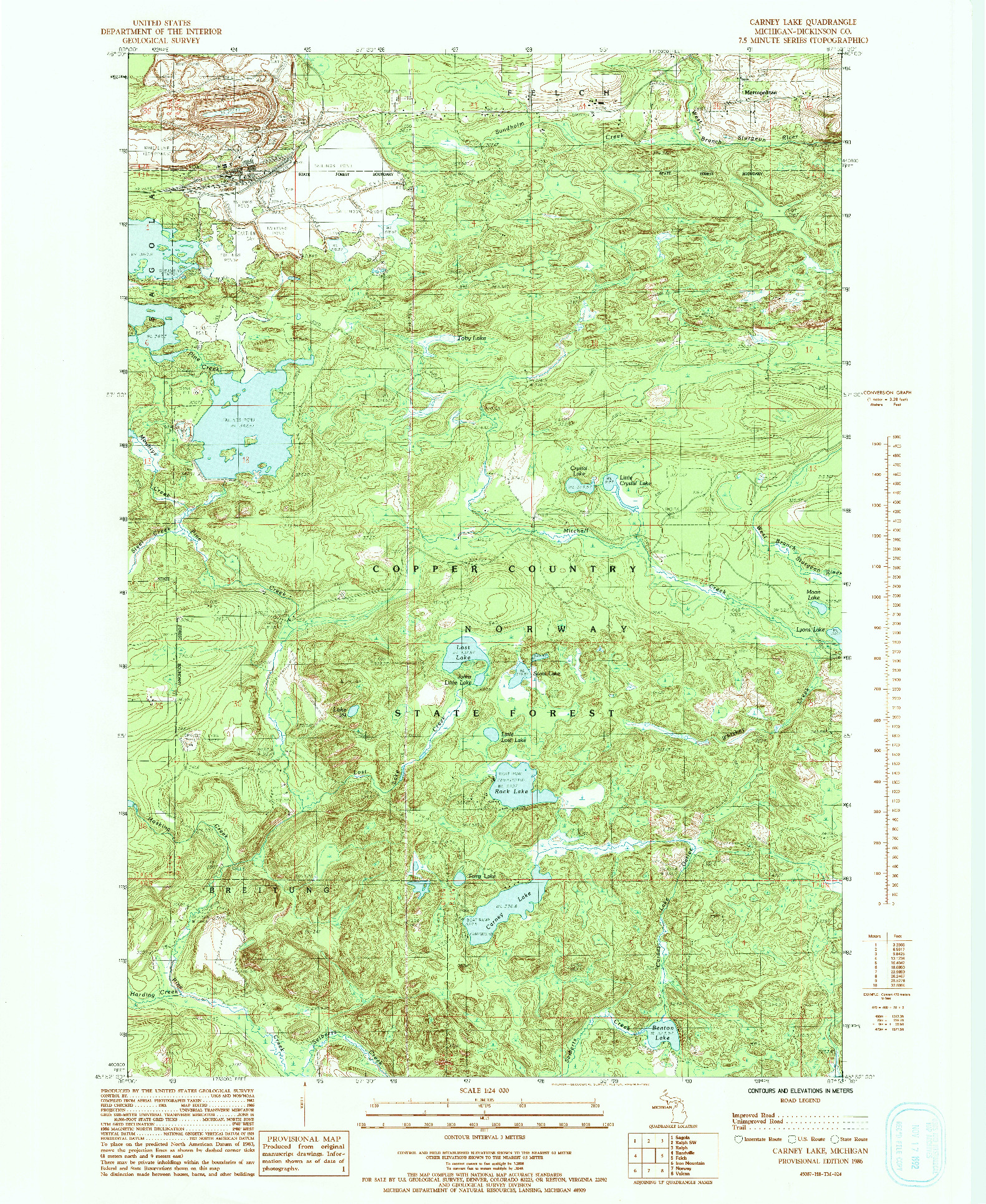 USGS 1:24000-SCALE QUADRANGLE FOR CARNEY LAKE, MI 1986