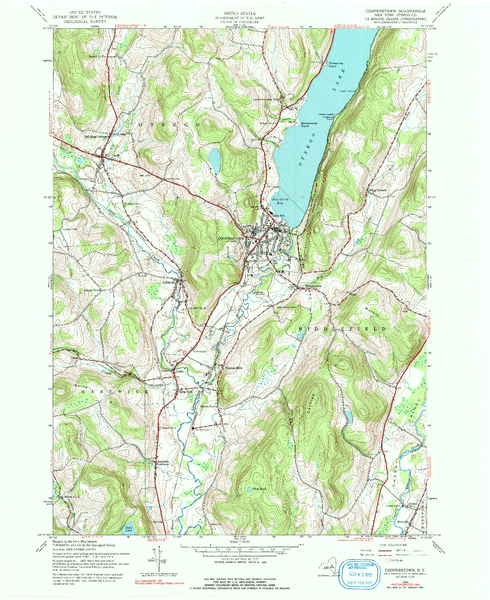 USGS 1:24000-SCALE QUADRANGLE FOR COOPERSTOWN, NY 1943