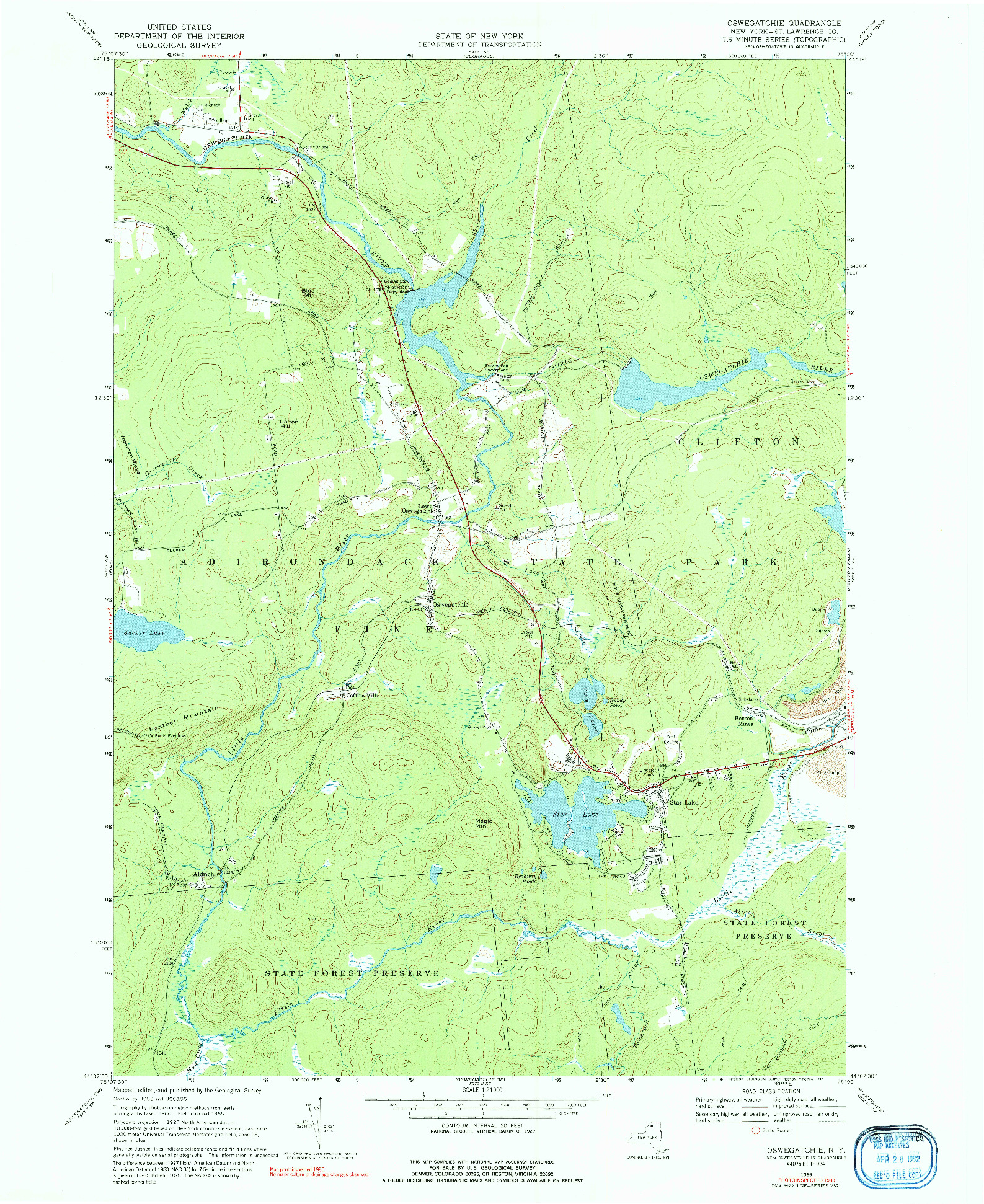 USGS 1:24000-SCALE QUADRANGLE FOR OSWEGATCHIE, NY 1966