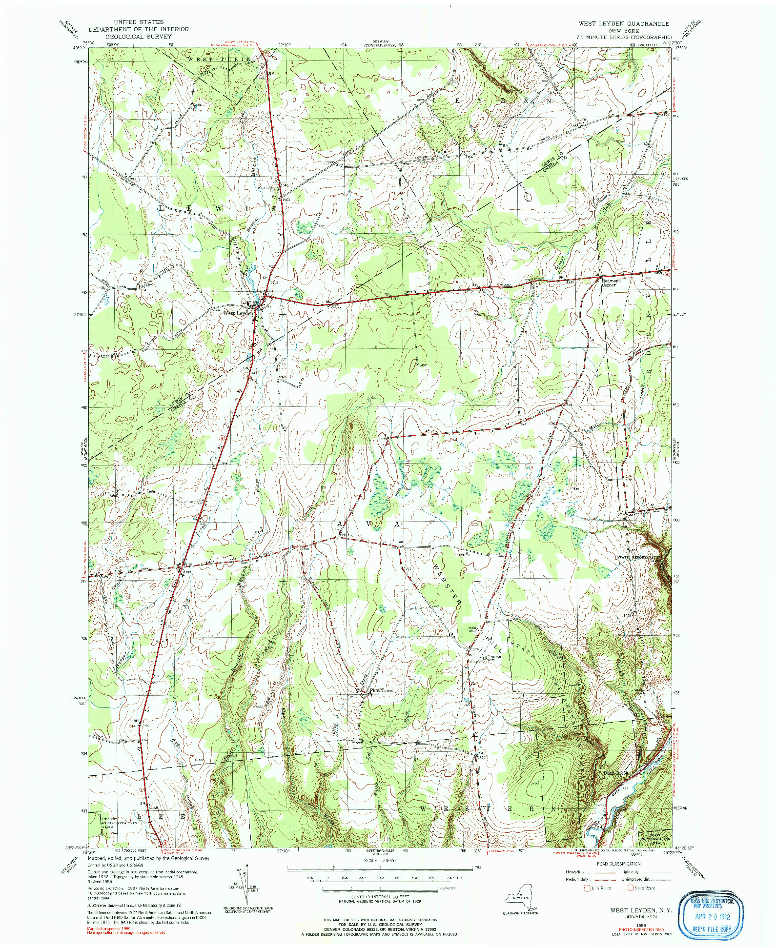 USGS 1:24000-SCALE QUADRANGLE FOR WEST LEYDEN, NY 1955