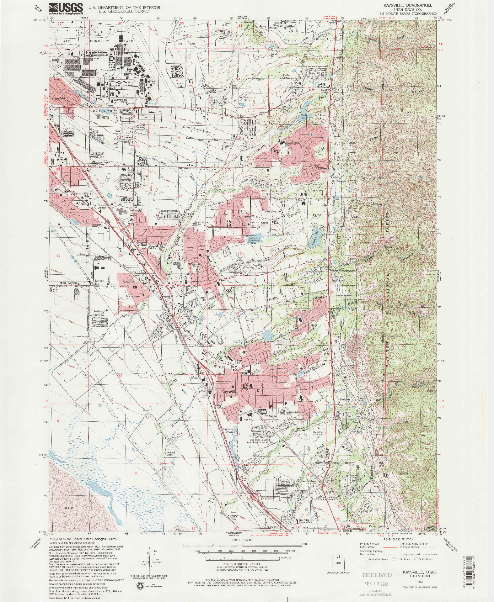 USGS 1:24000-SCALE QUADRANGLE FOR KAYSVILLE, UT 1992