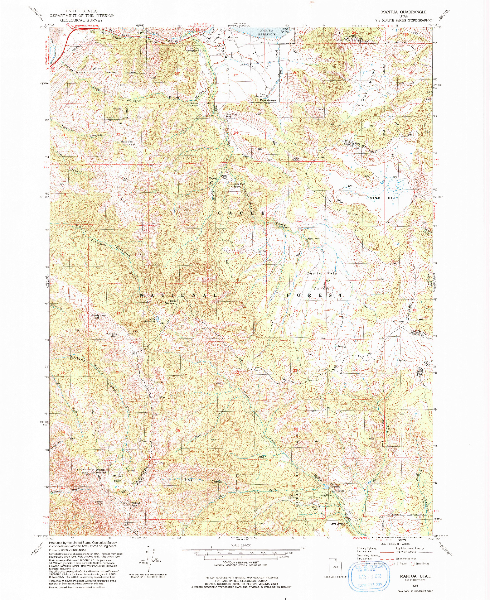 USGS 1:24000-SCALE QUADRANGLE FOR MANTUA, UT 1991