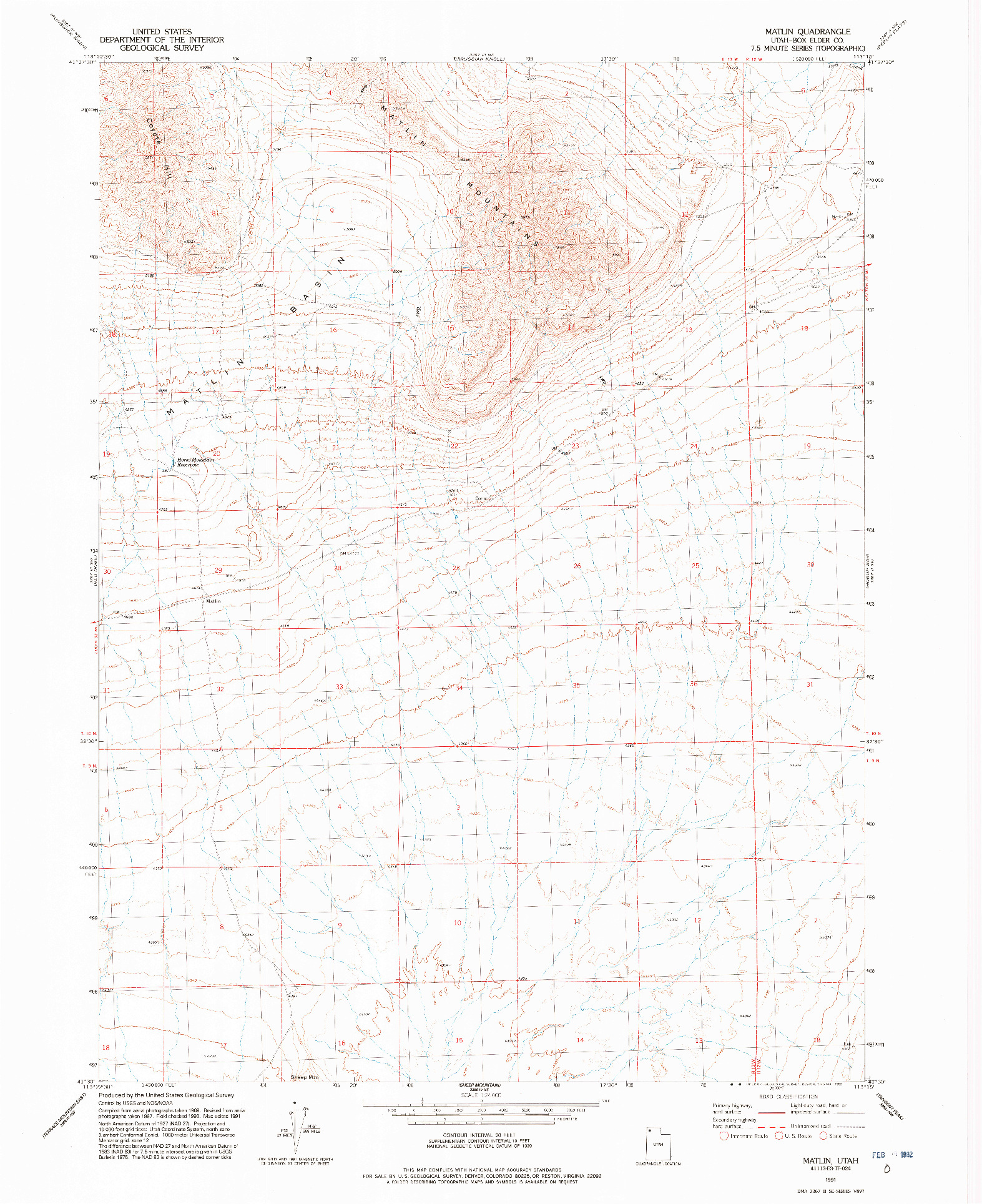 USGS 1:24000-SCALE QUADRANGLE FOR MATLIN, UT 1991