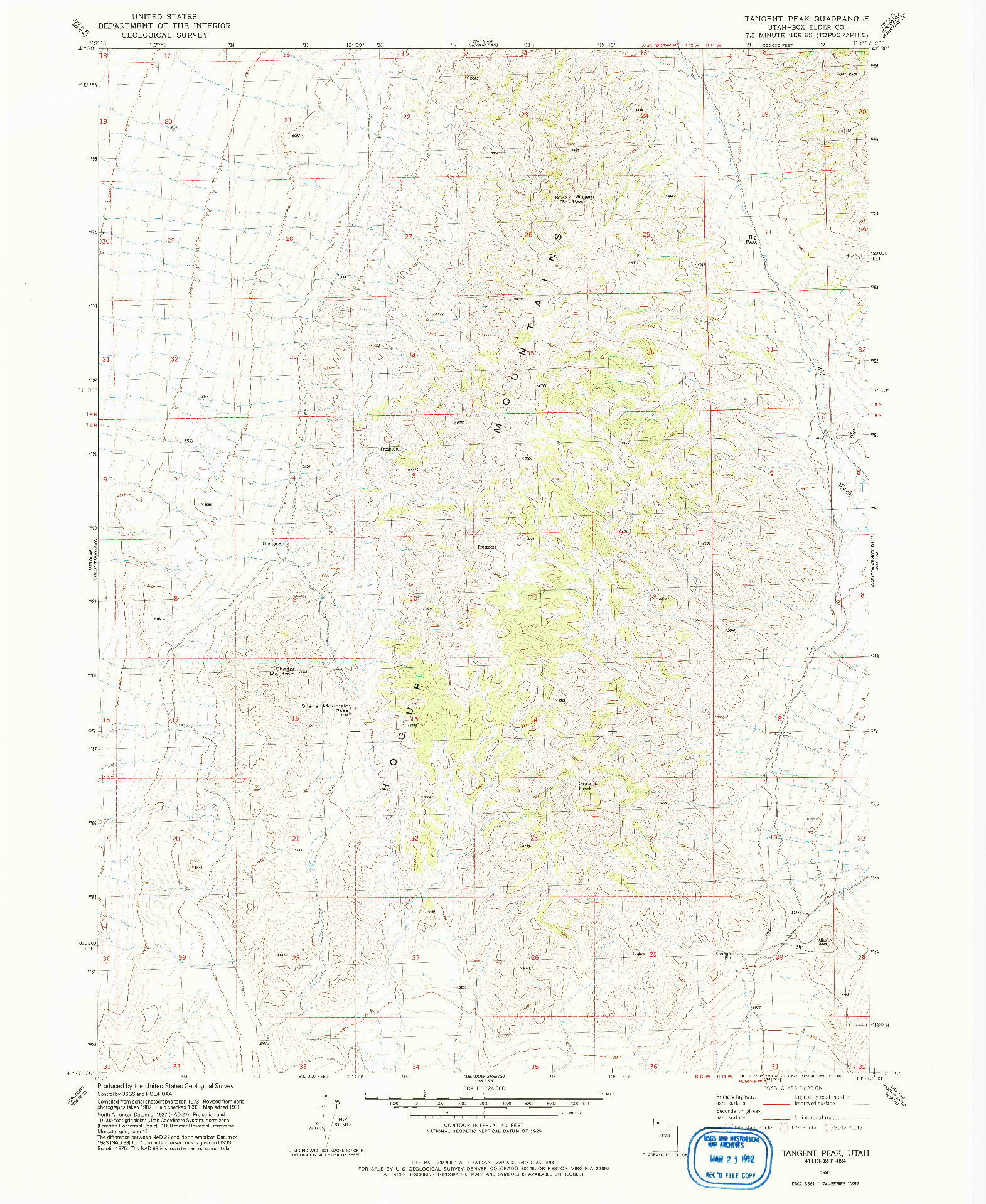 USGS 1:24000-SCALE QUADRANGLE FOR TANGENT PEAK, UT 1991