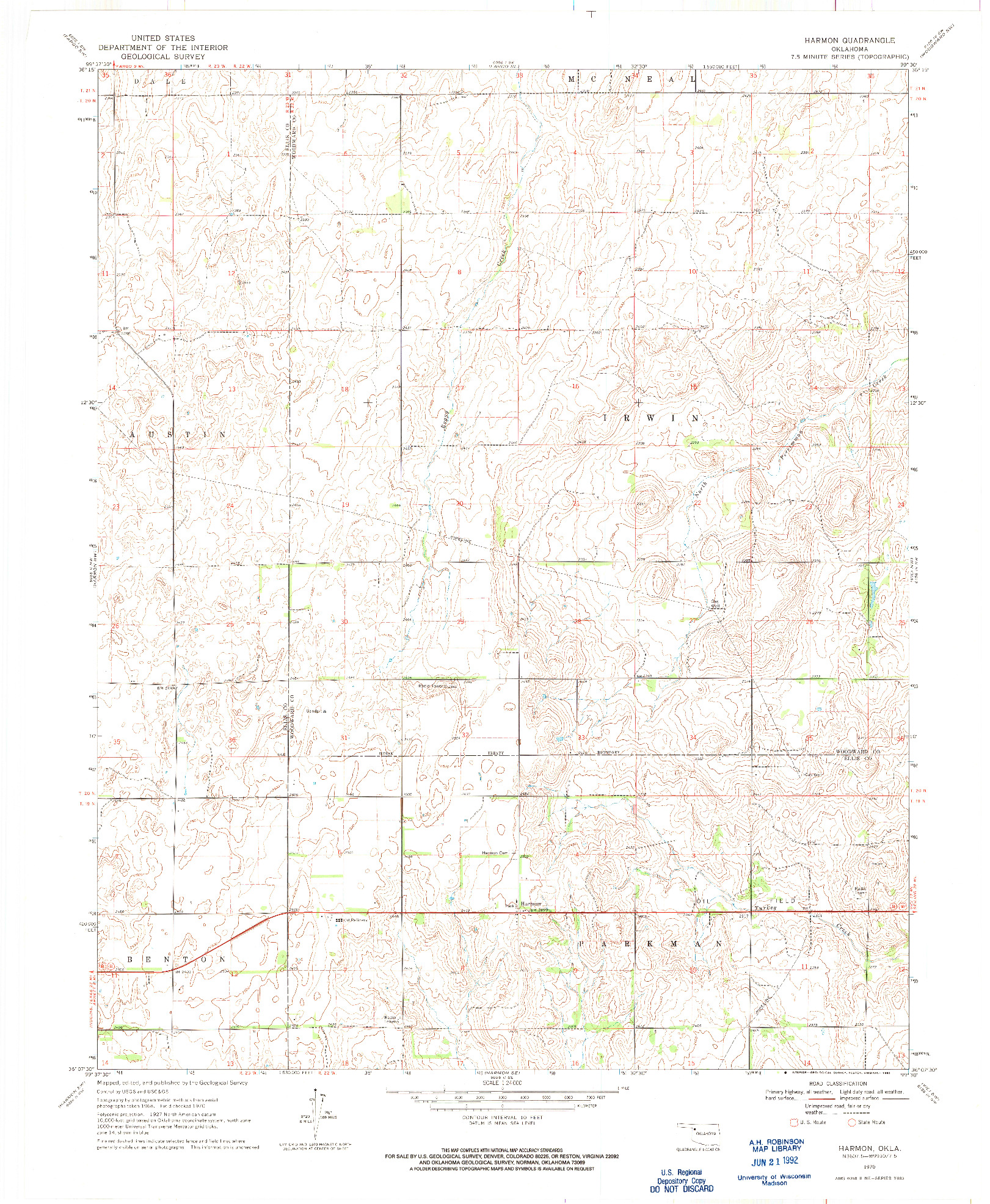 USGS 1:24000-SCALE QUADRANGLE FOR HARMON, OK 1970