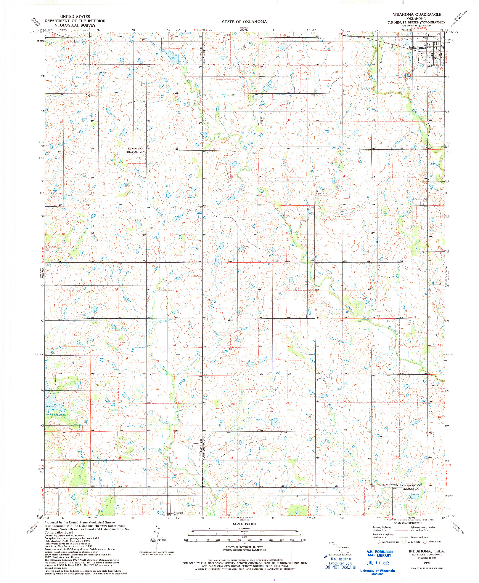 USGS 1:24000-SCALE QUADRANGLE FOR INDIAHOMA, OK 1991