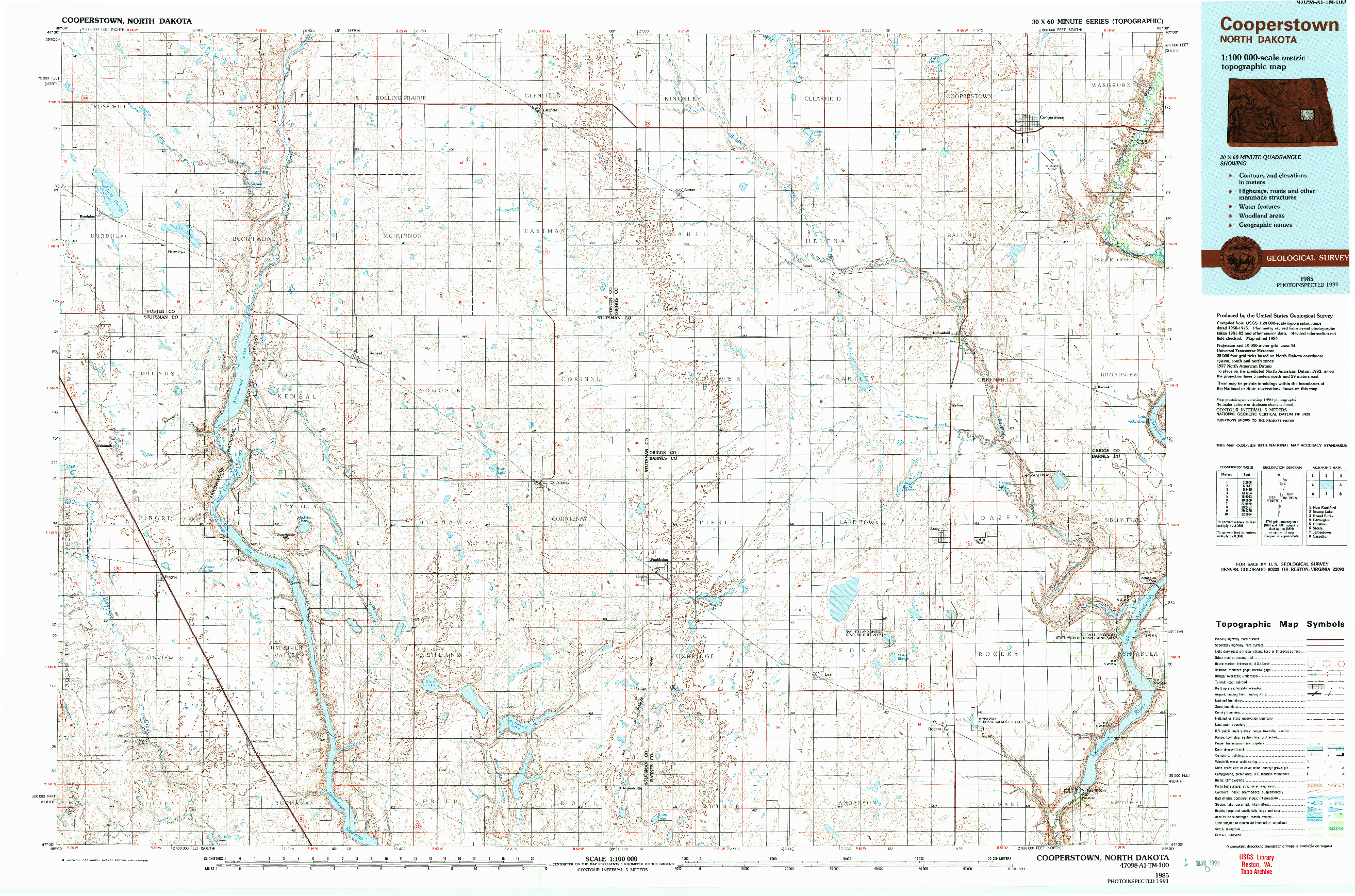 USGS 1:100000-SCALE QUADRANGLE FOR COOPERSTOWN, ND 1985