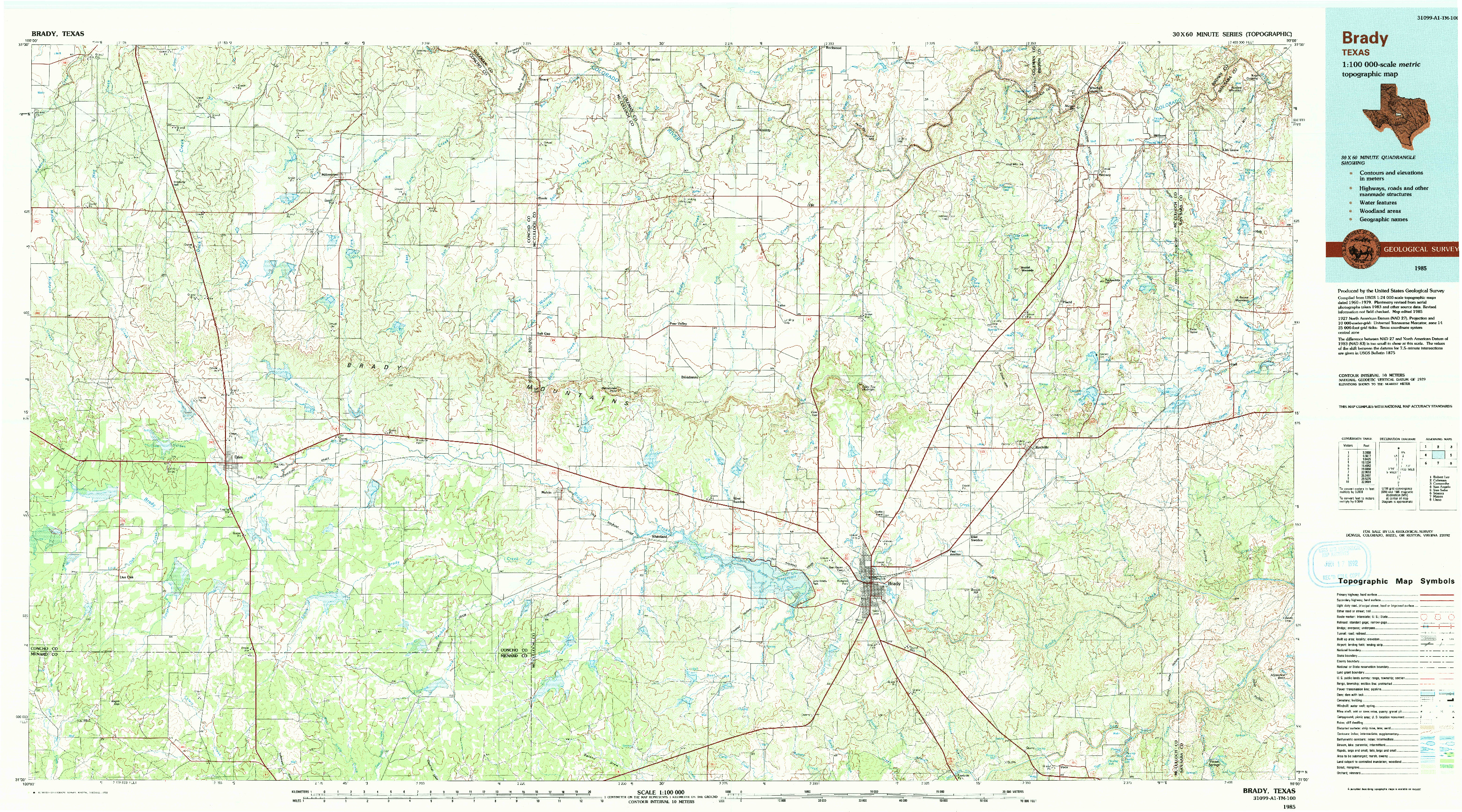 USGS 1:100000-SCALE QUADRANGLE FOR BRADY, TX 1985