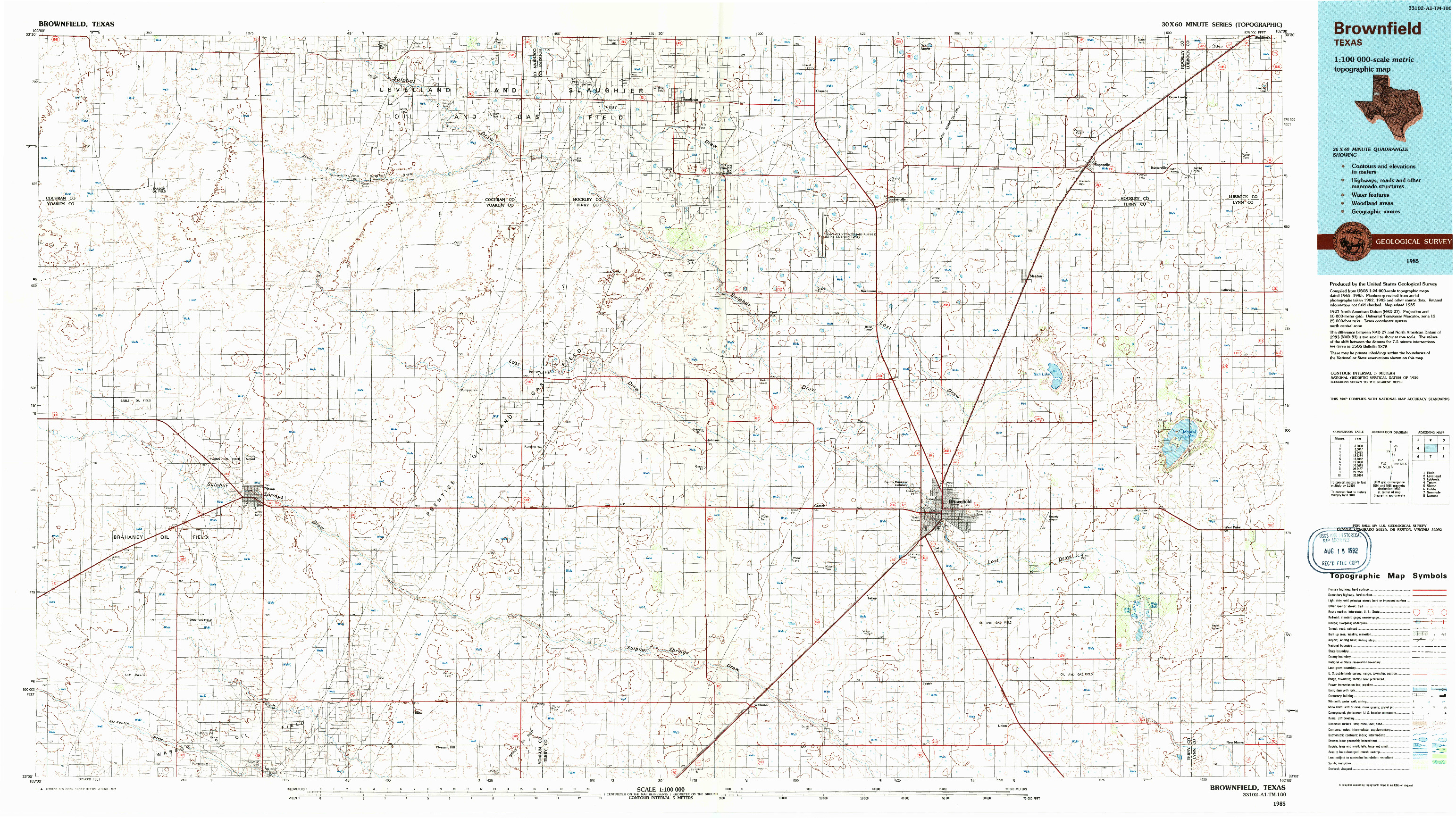 USGS 1:100000-SCALE QUADRANGLE FOR BROWNFIELD, TX 1985