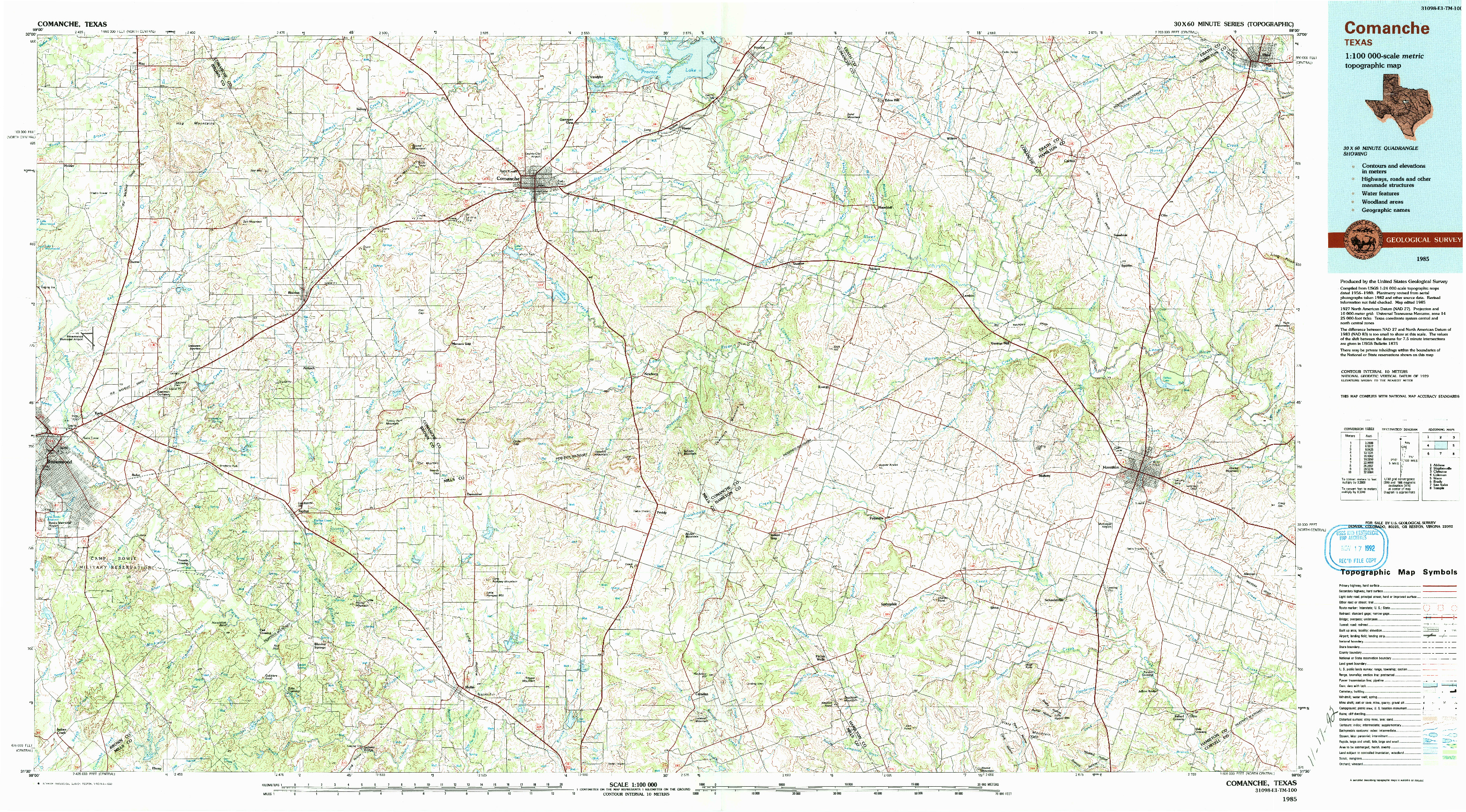 USGS 1:100000-SCALE QUADRANGLE FOR COMANCHE, TX 1985