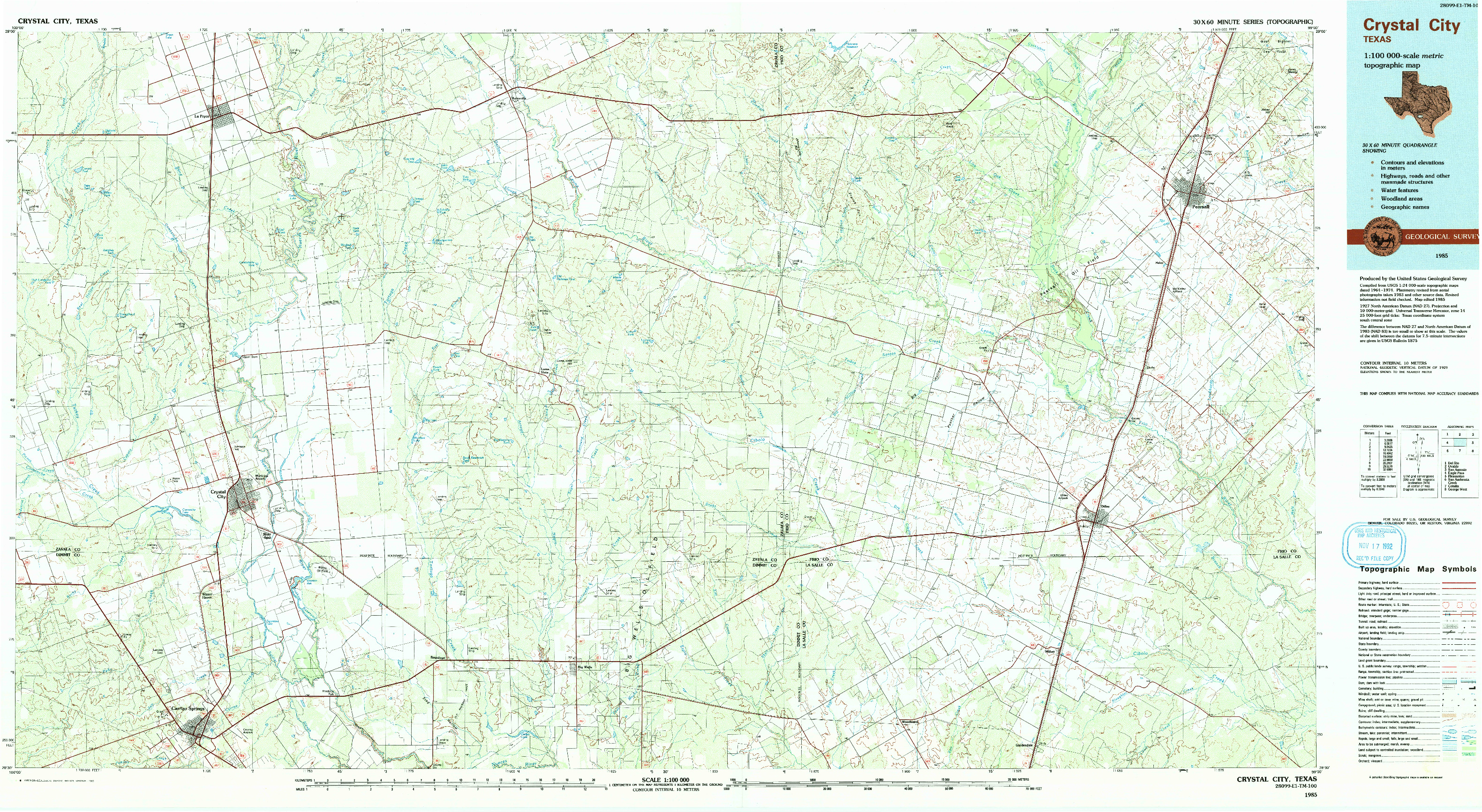 USGS 1:100000-SCALE QUADRANGLE FOR CRYSTAL CITY, TX 1985