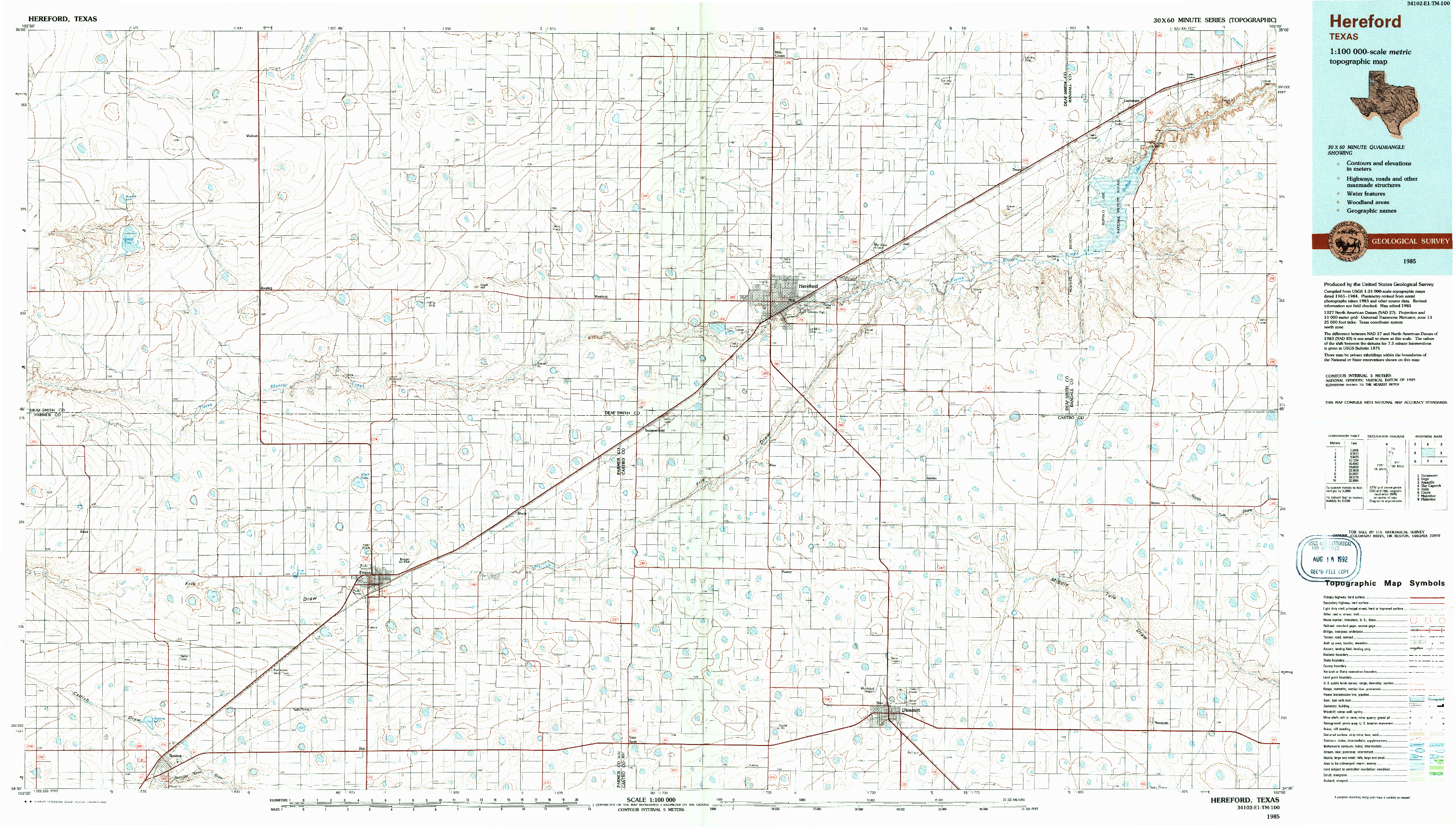 USGS 1:100000-SCALE QUADRANGLE FOR HEREFORD, TX 1985