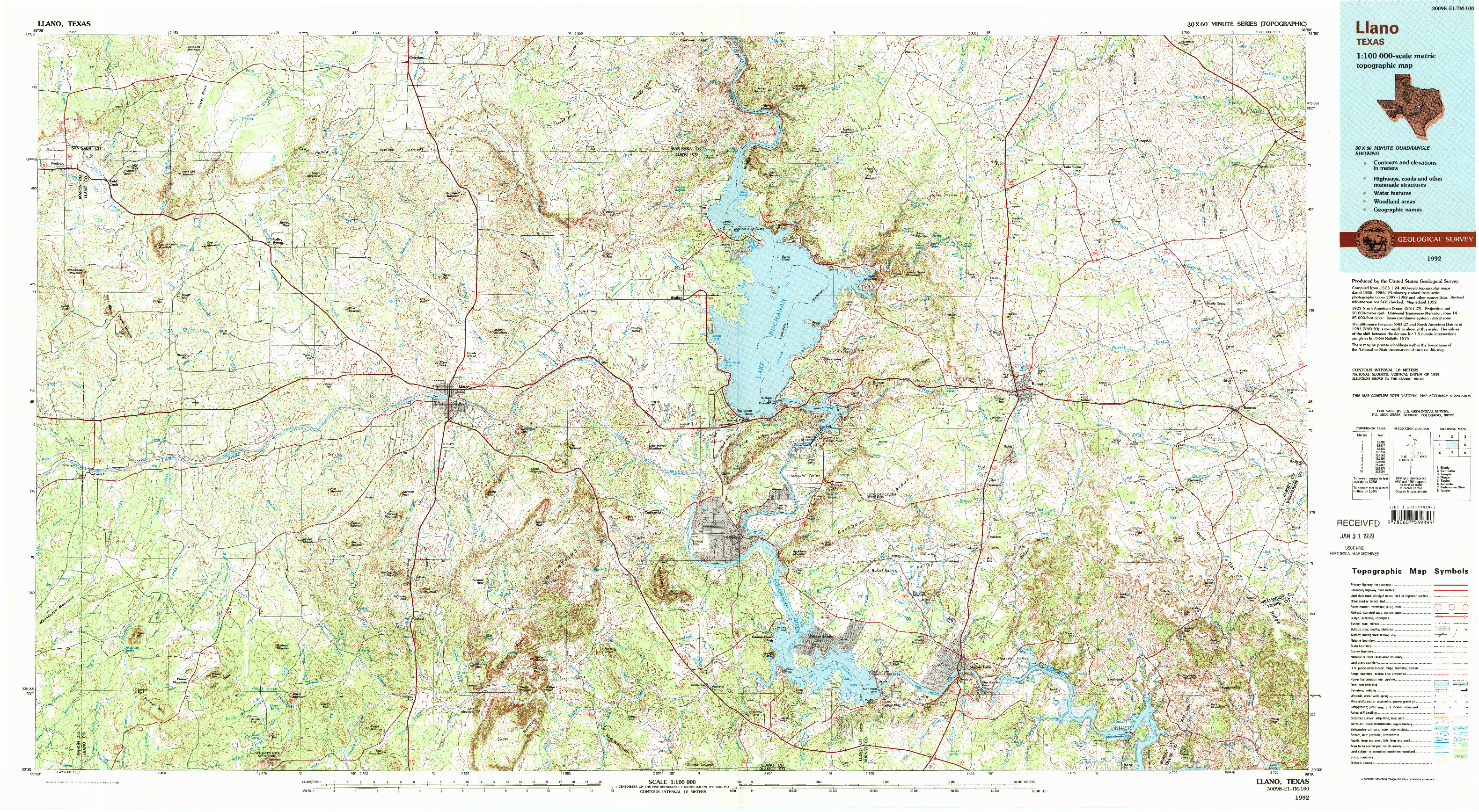 USGS 1:100000-SCALE QUADRANGLE FOR LLANO, TX 1992