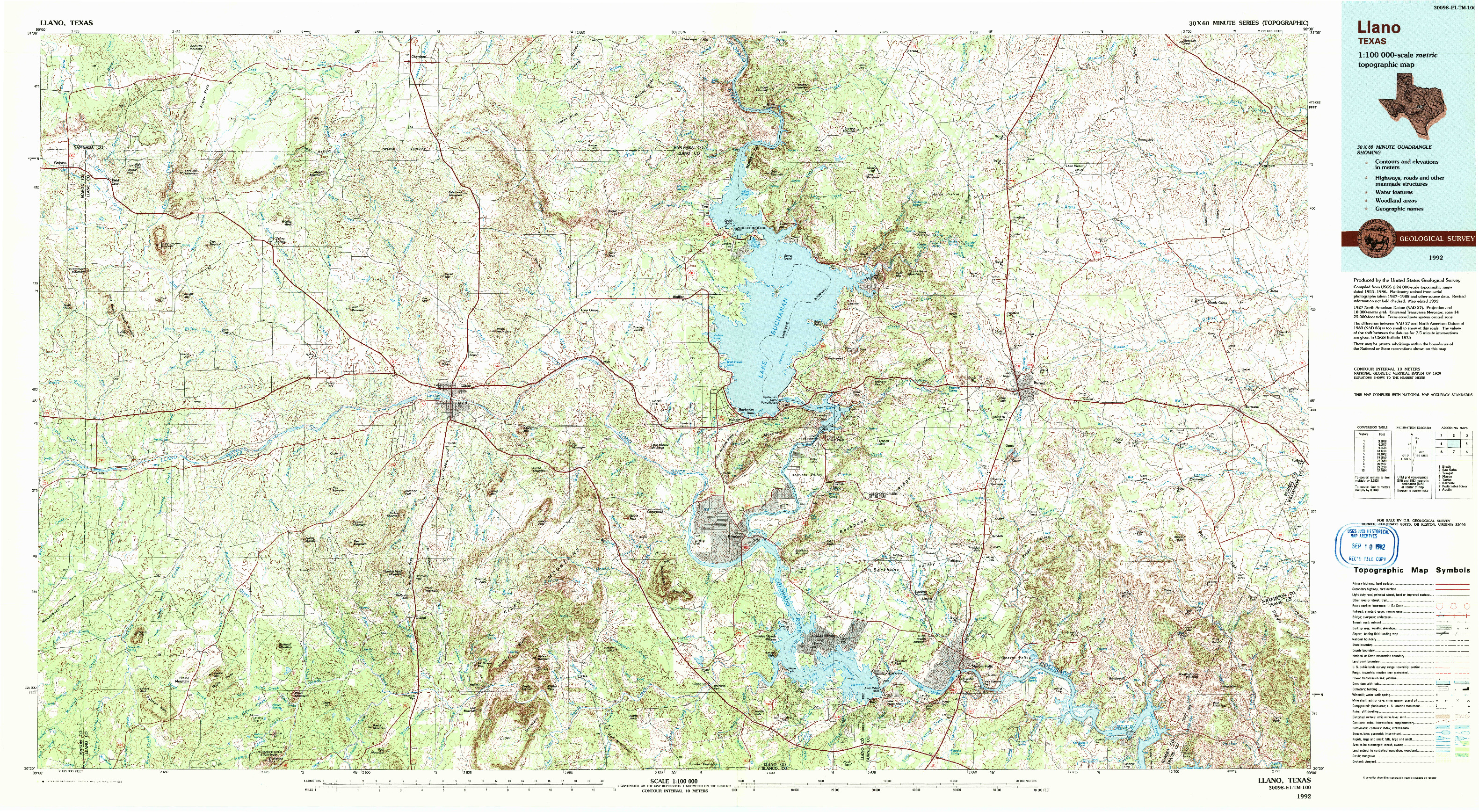 USGS 1:100000-SCALE QUADRANGLE FOR LLANO, TX 1992