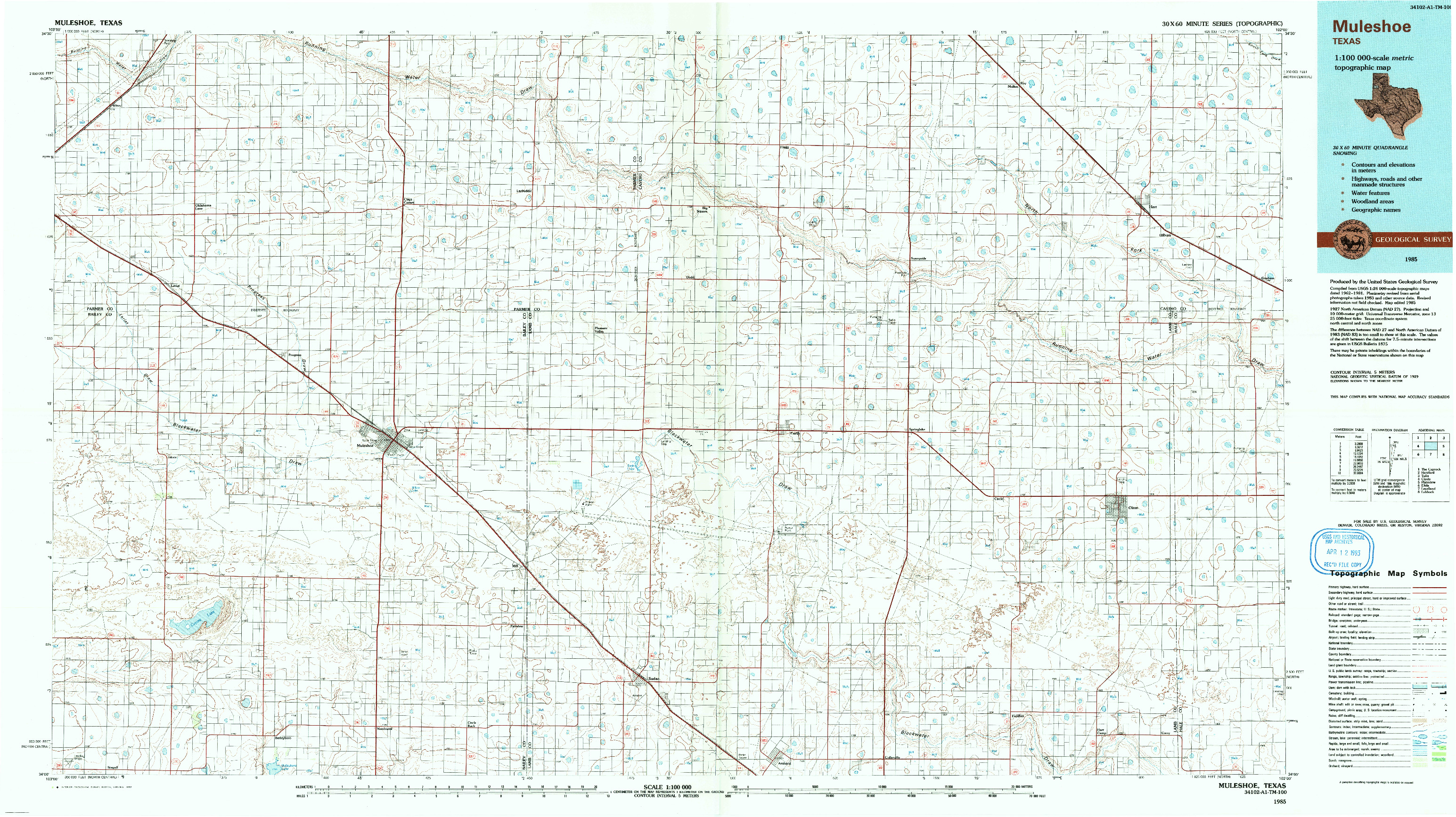 USGS 1:100000-SCALE QUADRANGLE FOR MULESHOE, TX 1985