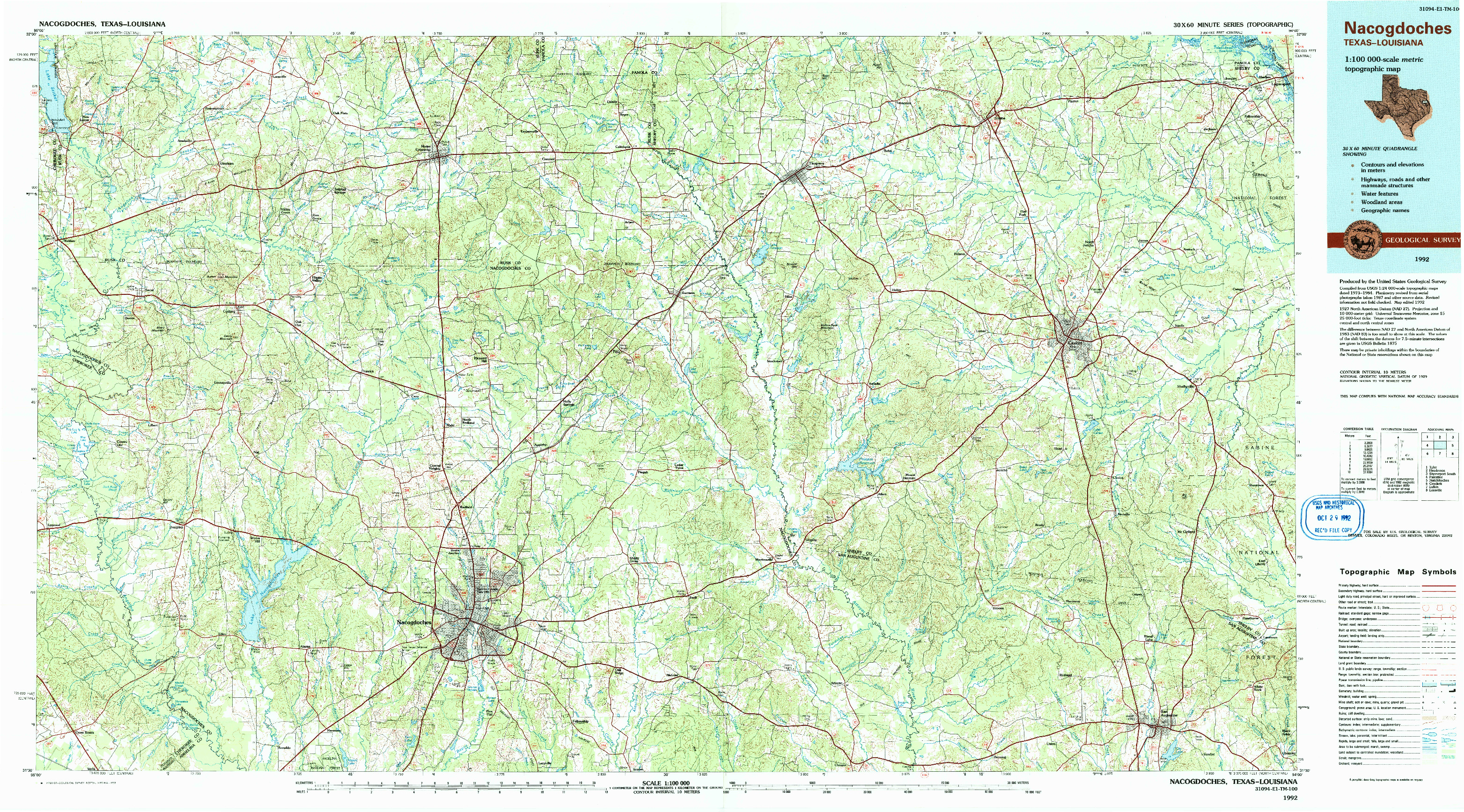 USGS 1:100000-SCALE QUADRANGLE FOR NACOGDOCHES, TX 1992