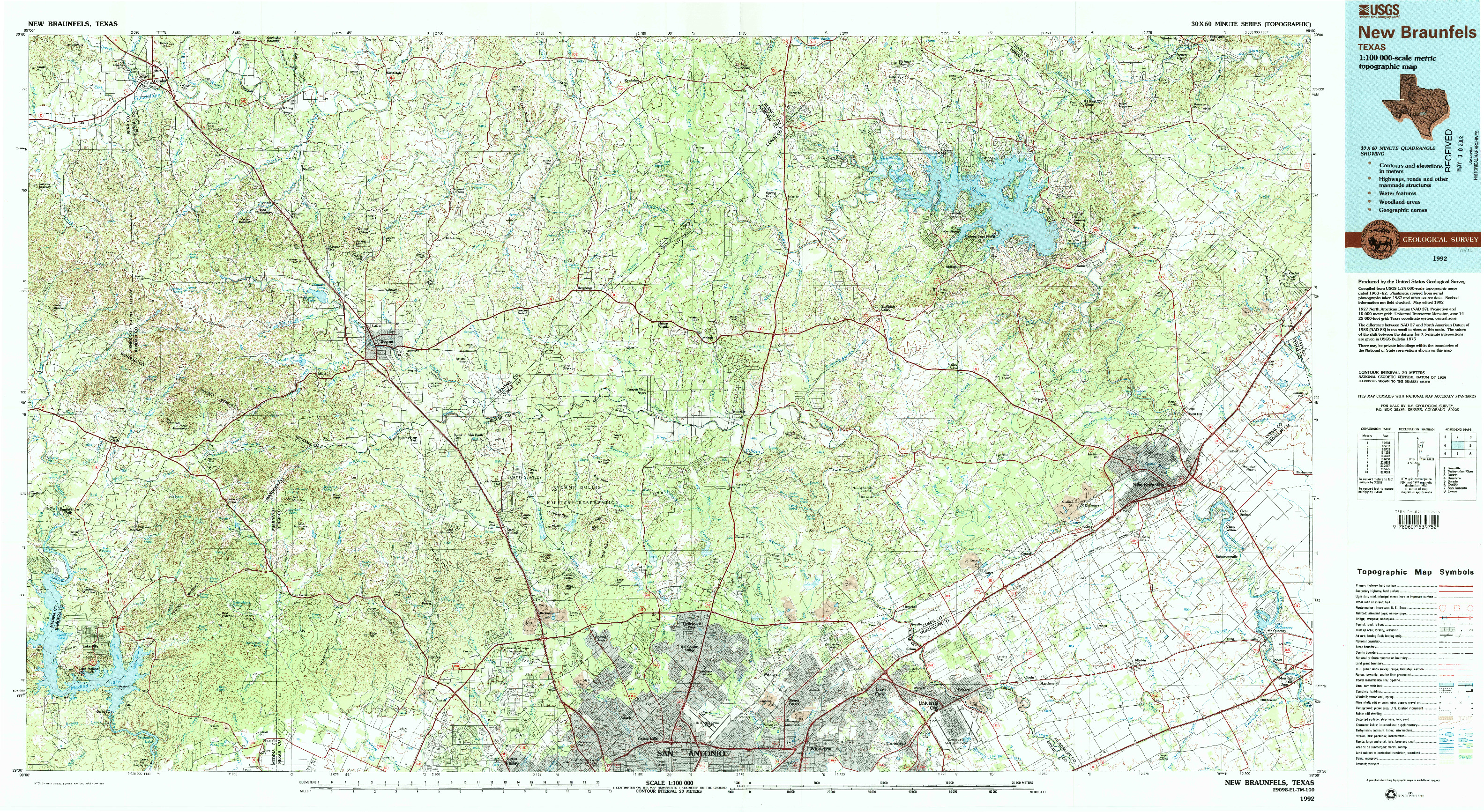 USGS 1:100000-SCALE QUADRANGLE FOR NEW BRAUNFELS, TX 1992