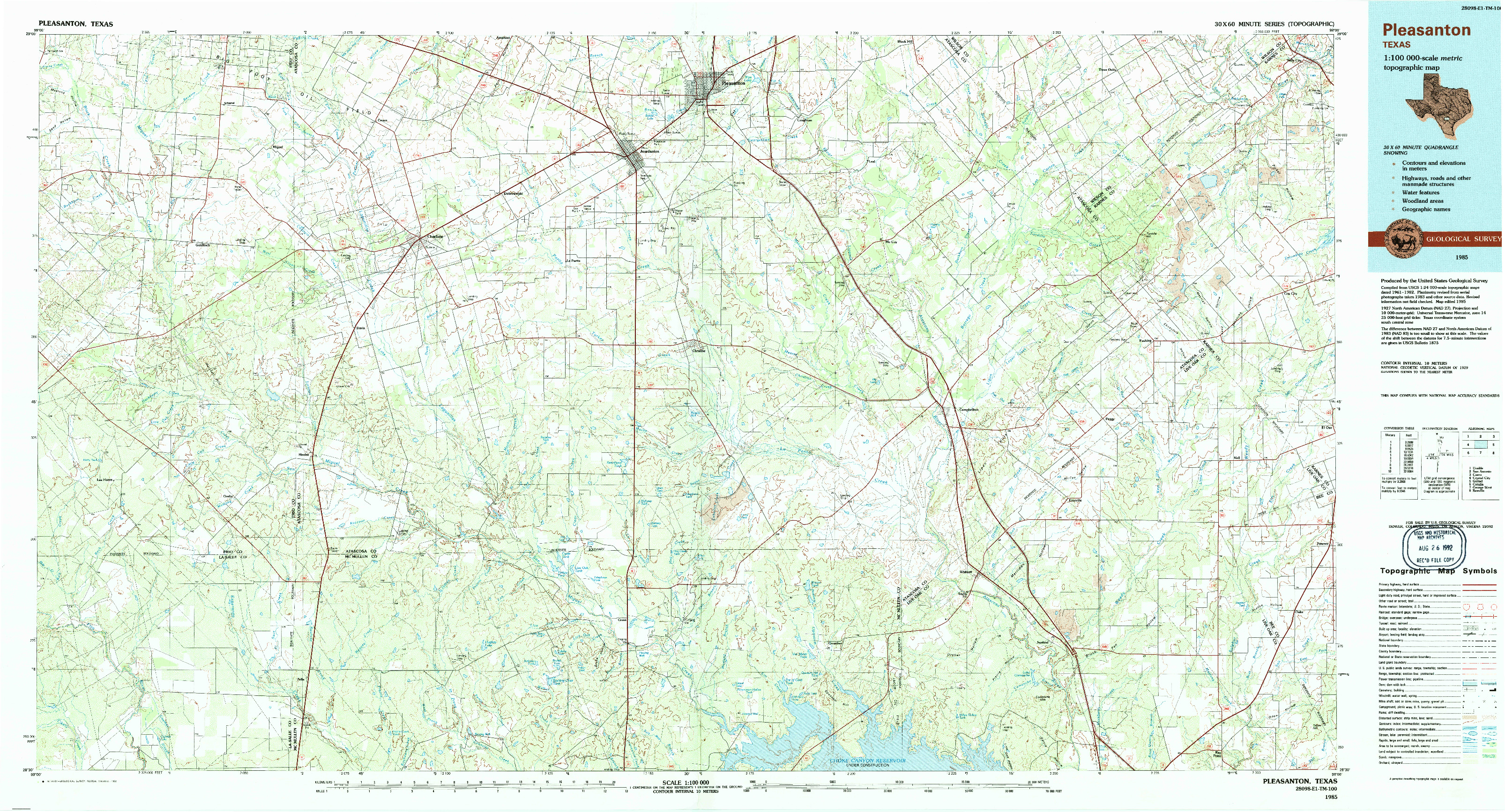 USGS 1:100000-SCALE QUADRANGLE FOR PLEASANTON, TX 1985