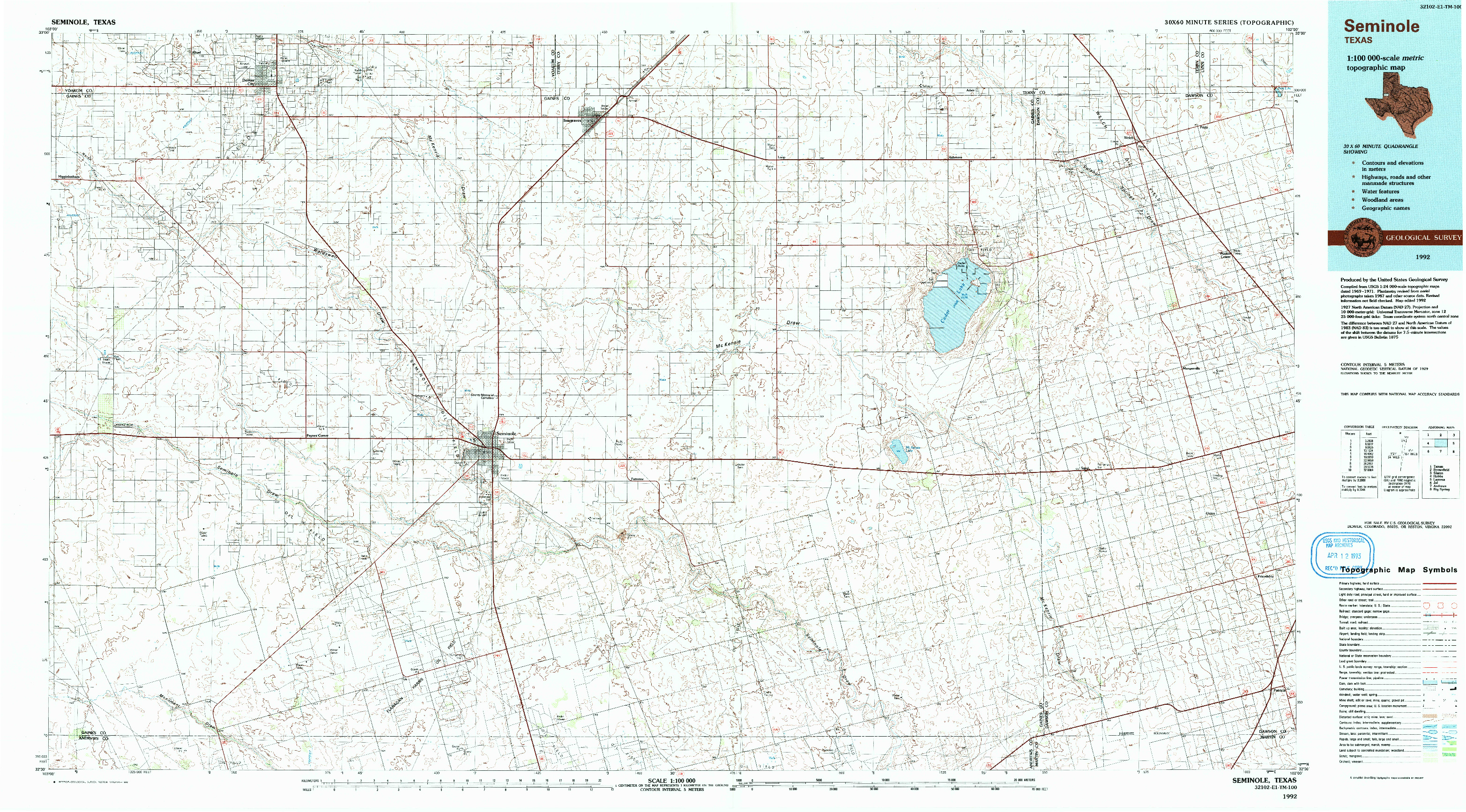 USGS 1:100000-SCALE QUADRANGLE FOR SEMINOLE, TX 1992