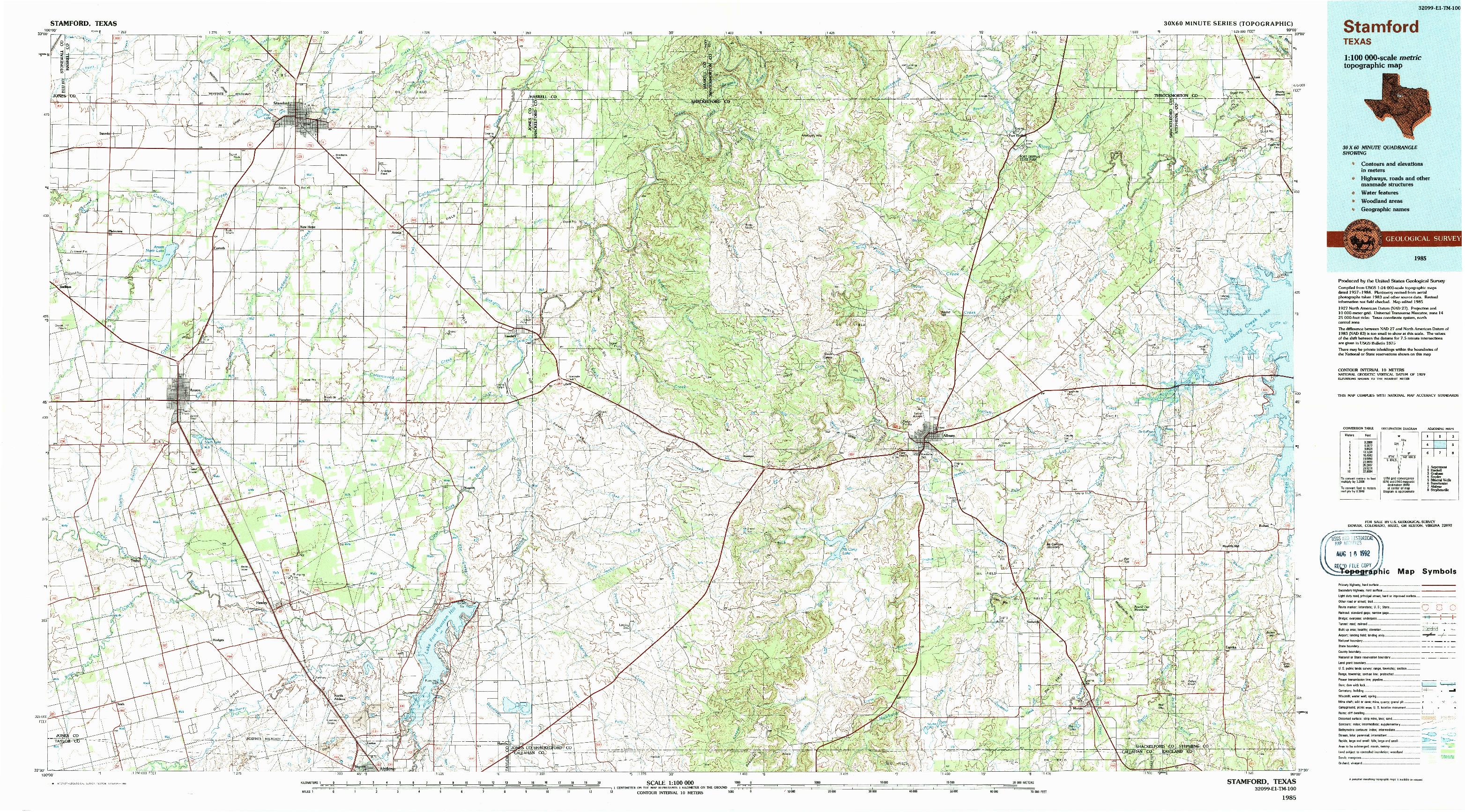 USGS 1:100000-SCALE QUADRANGLE FOR STAMFORD, TX 1985