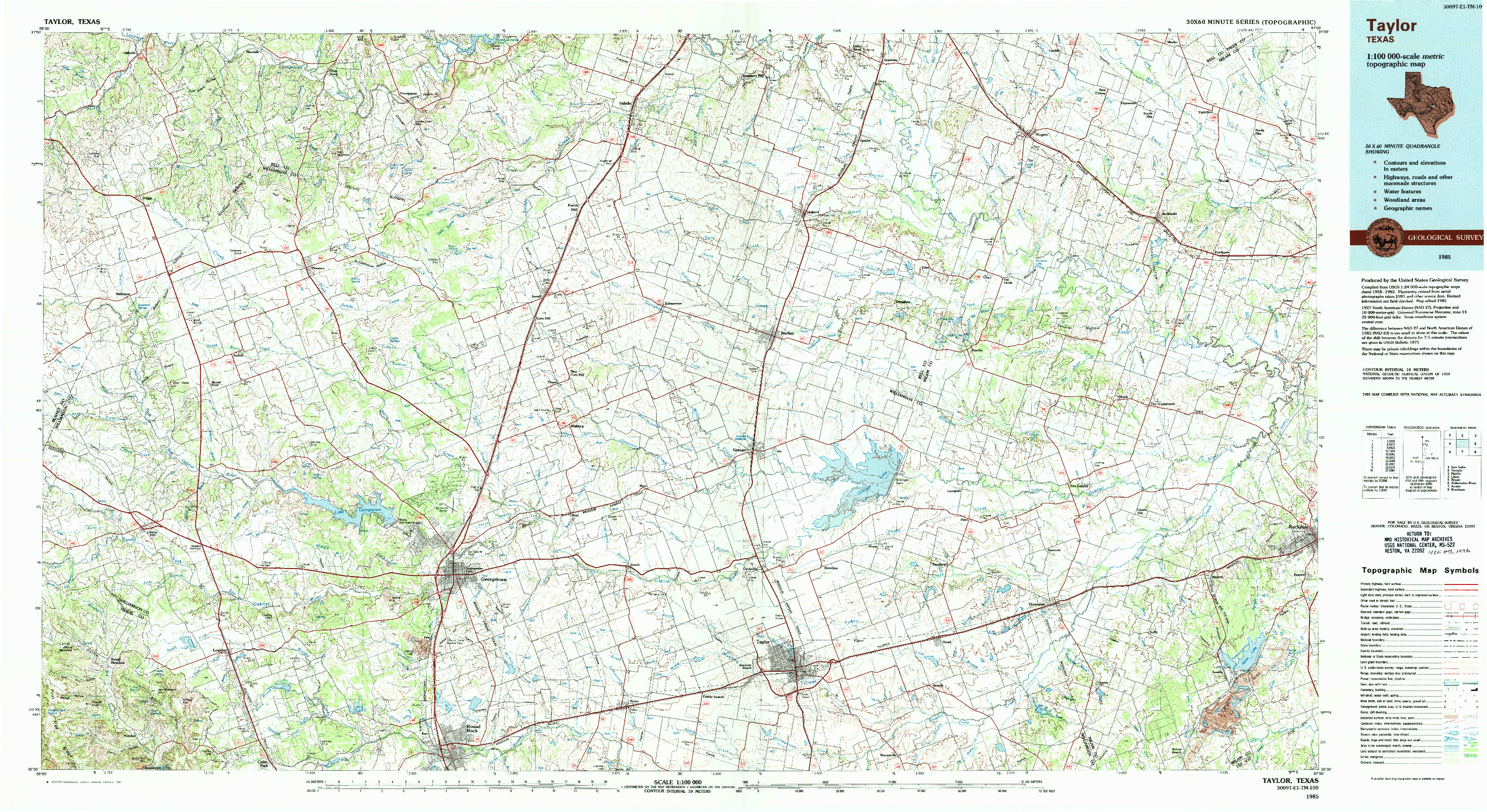 USGS 1:100000-SCALE QUADRANGLE FOR TAYLOR, TX 1985