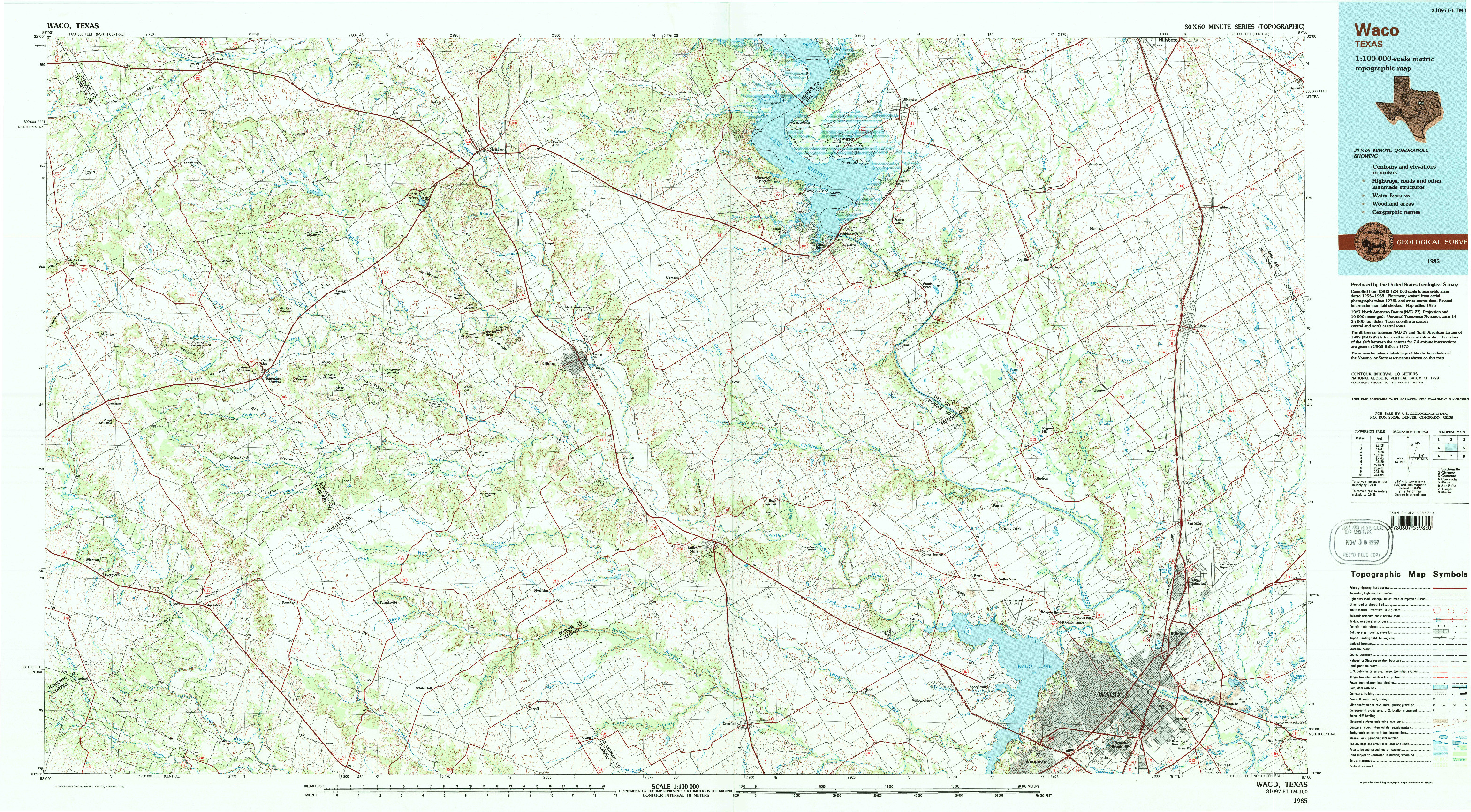 USGS 1:100000-SCALE QUADRANGLE FOR WACO, TX 1985