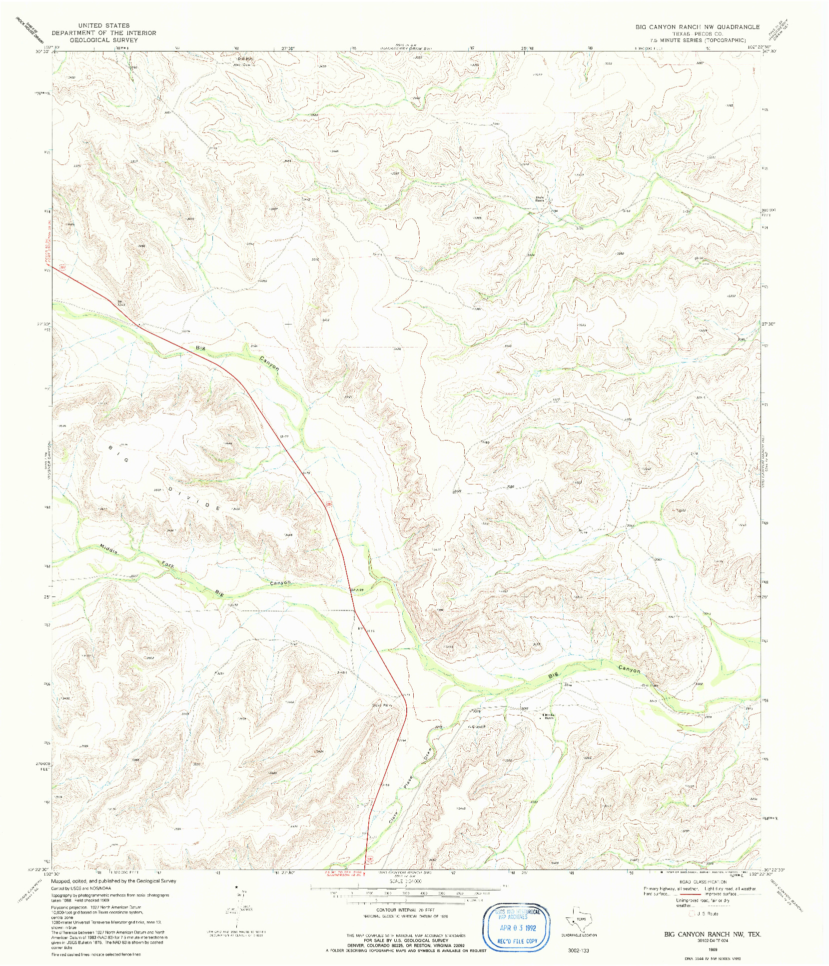 USGS 1:24000-SCALE QUADRANGLE FOR BIG CANYON RANCH NW, TX 1969