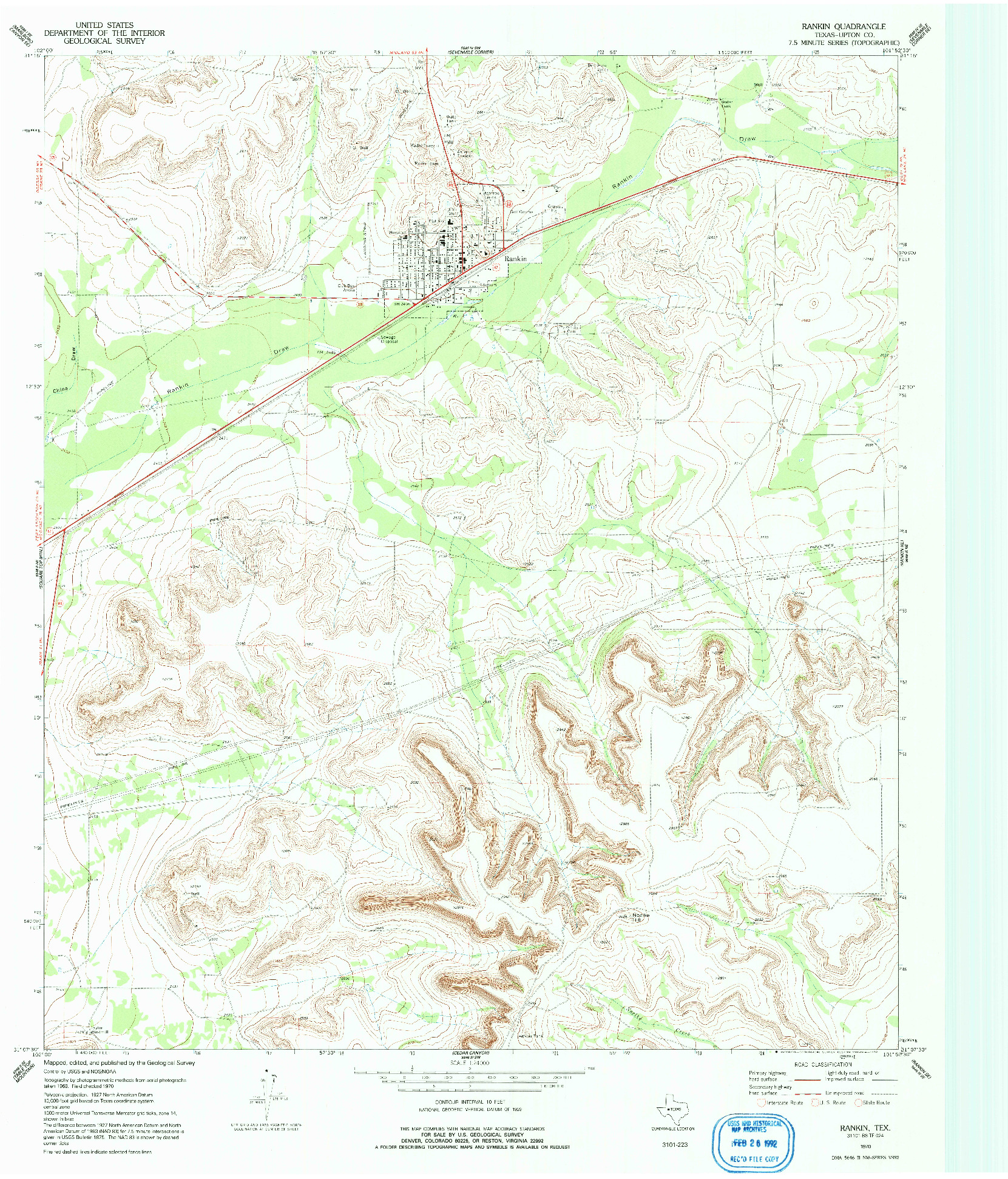 USGS 1:24000-SCALE QUADRANGLE FOR RANKIN, TX 1970