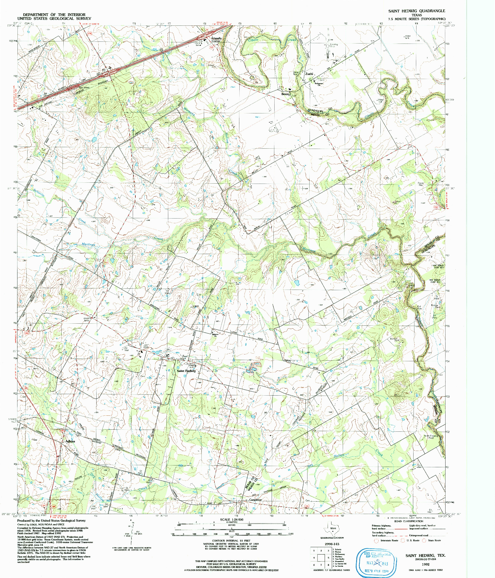 USGS 1:24000-SCALE QUADRANGLE FOR SAINT HEDWIG, TX 1992