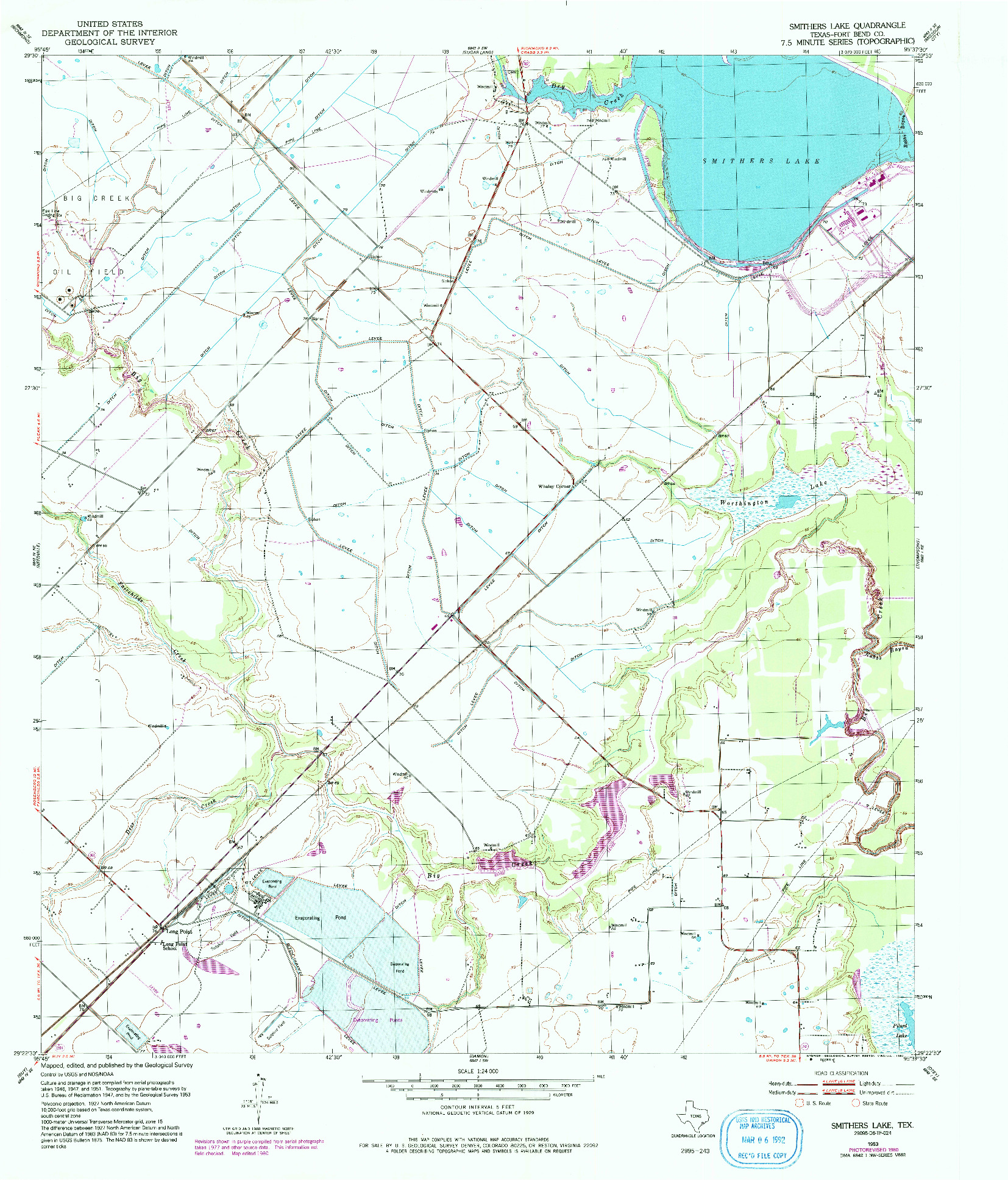 USGS 1:24000-SCALE QUADRANGLE FOR SMITHERS LAKE, TX 1953