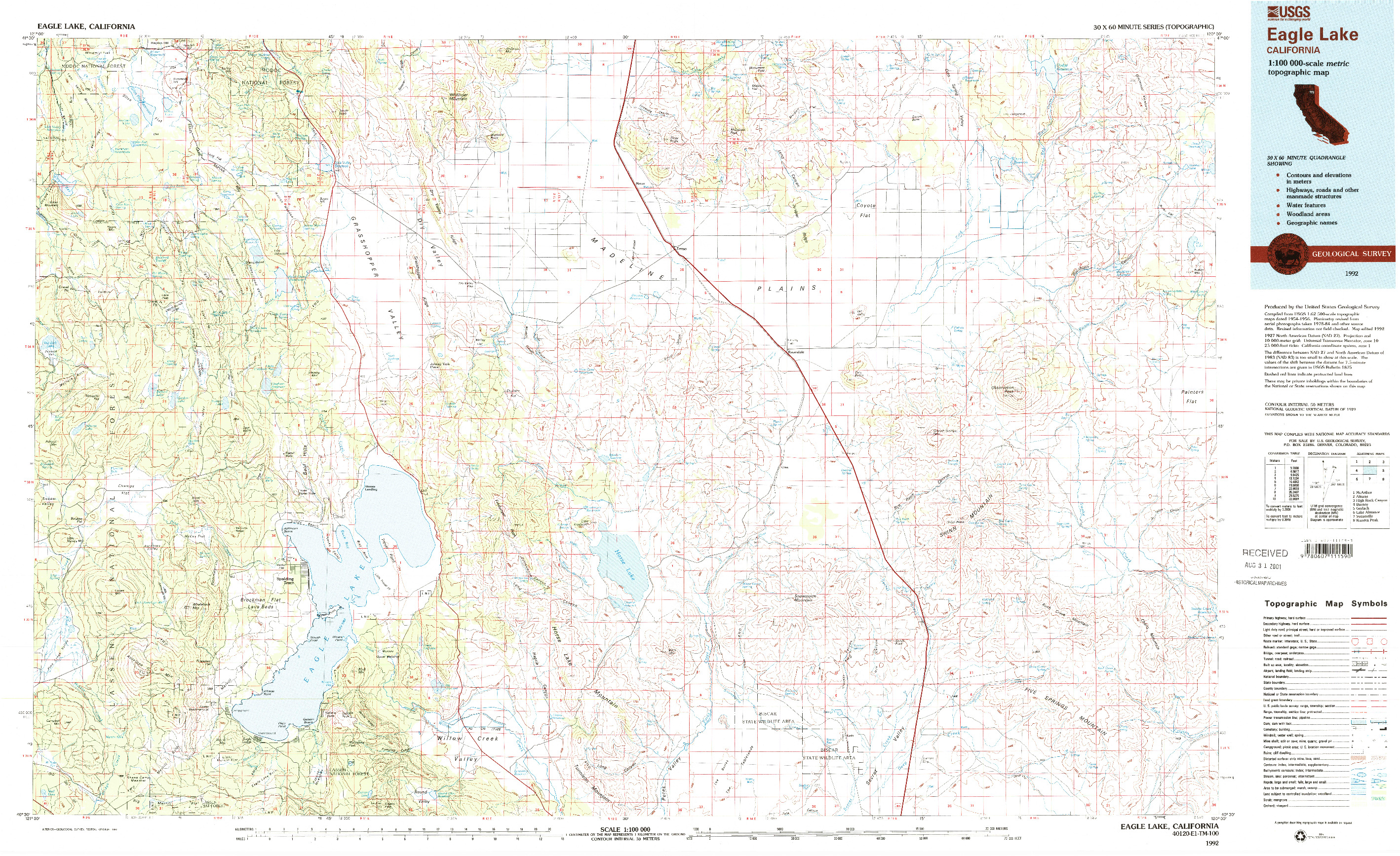 USGS 1:100000-SCALE QUADRANGLE FOR EAGLE LAKE, CA 1992