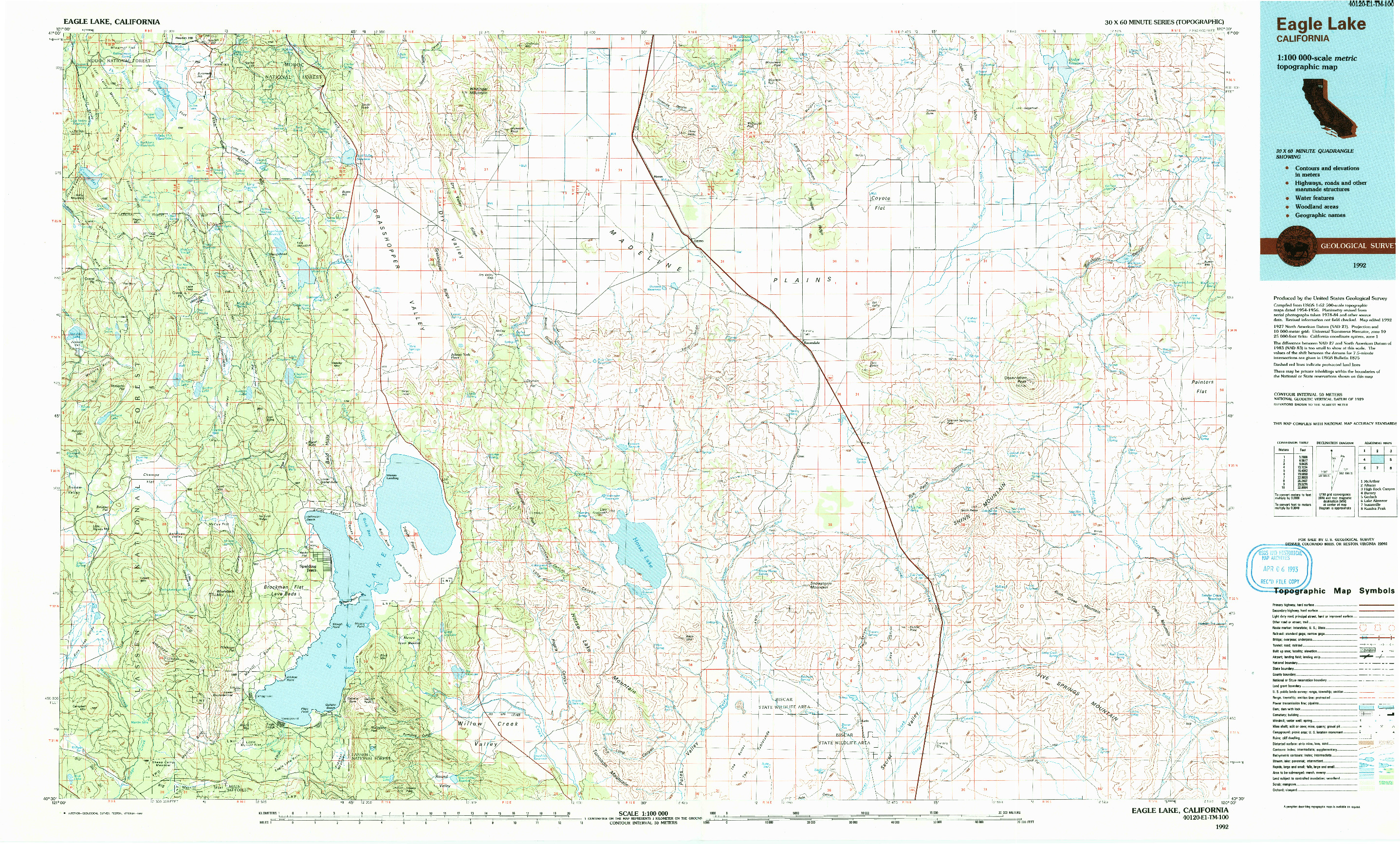 USGS 1:100000-SCALE QUADRANGLE FOR EAGLE LAKE, CA 1992