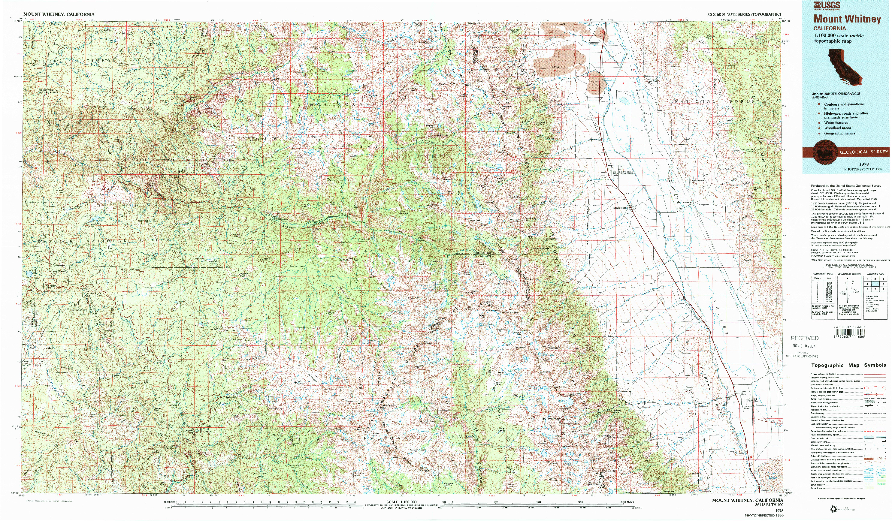 USGS 1:100000-SCALE QUADRANGLE FOR MOUNT WHITNEY, CA 1978